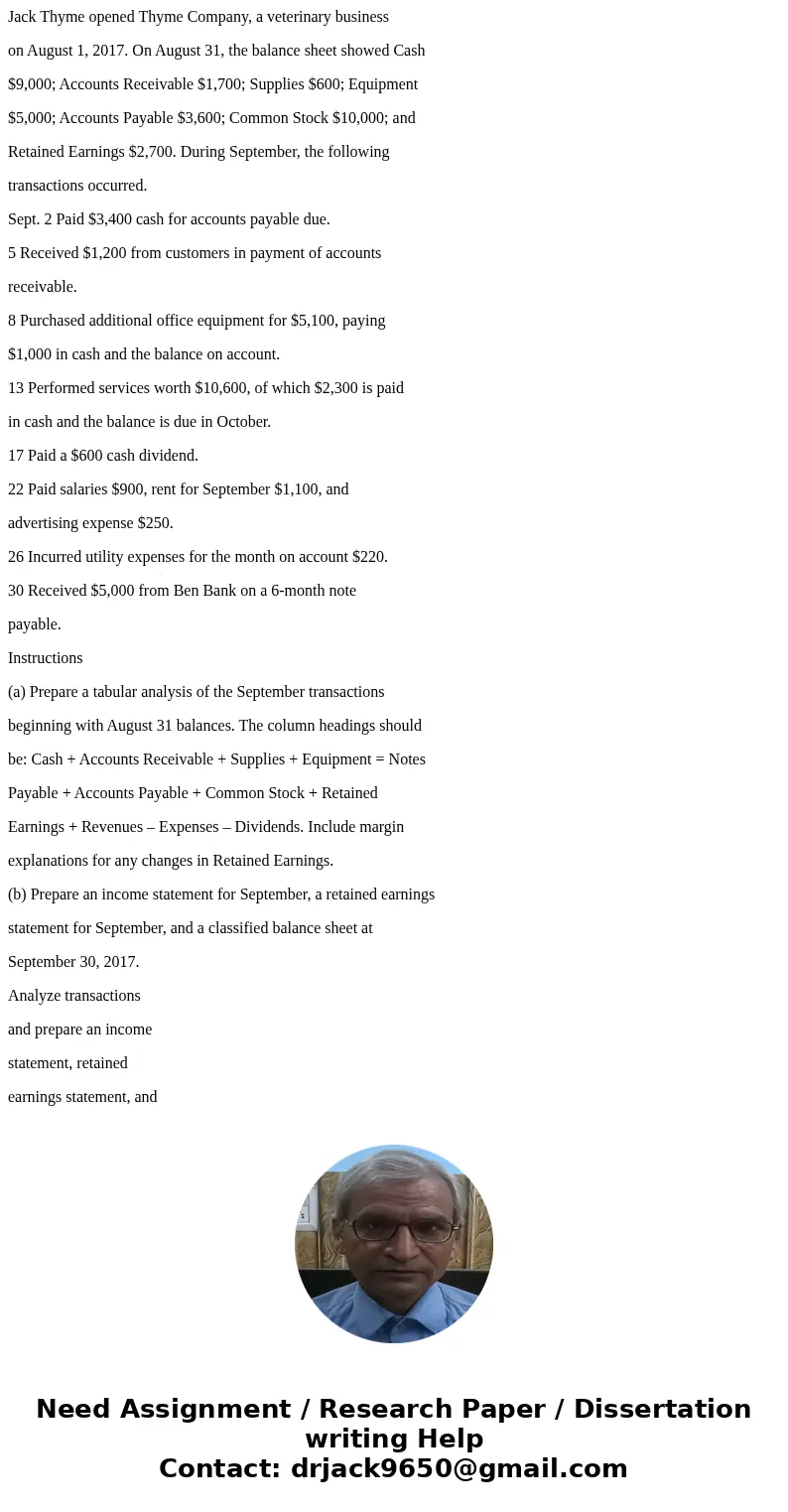 Jack Thyme opened Thyme Company, a veterinary business on August 1, 2017. On August 31, the balance sheet showed Cash $9,000; Accounts Receivable $1,700; Suppli Jack Thyme opened Thyme Company, a veterinary business on August 1, 2017. On August 31, the balance sheet showed Cash $9,000; Accounts Receivable $1,700; Suppli