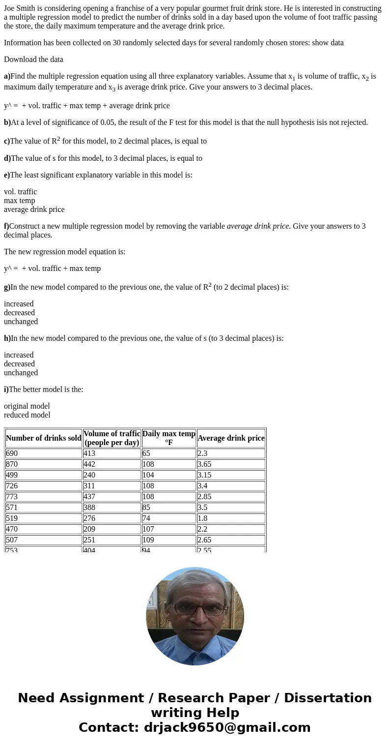 Joe Smith is considering opening a franchise of a very popular gourmet fruit drink store. He is interested in constructing a multiple regression model to predic