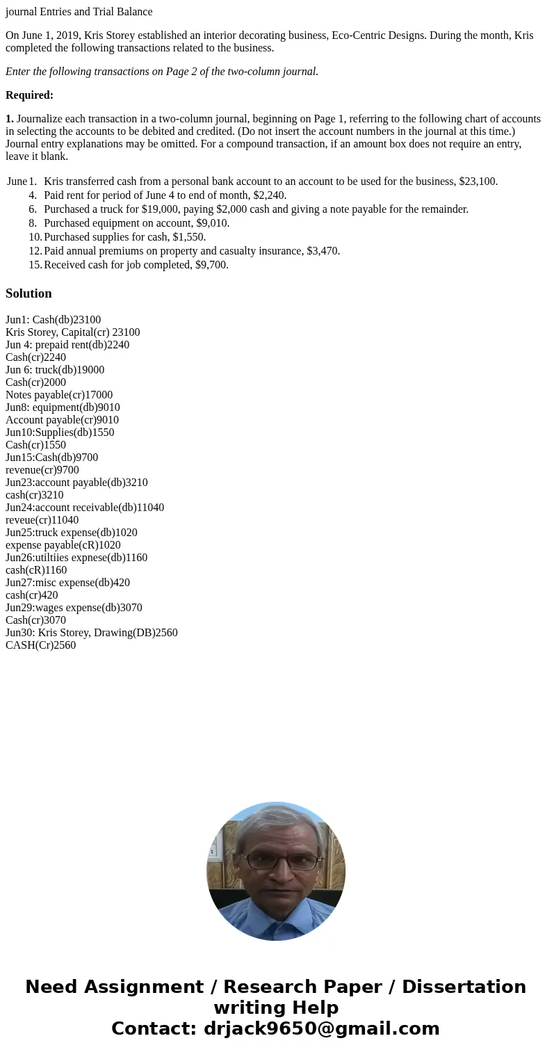 journal Entries and Trial Balance On June 1, 2019, Kris Storey established an interior decorating business, Eco-Centric Designs. During the month, Kris complete journal Entries and Trial Balance On June 1, 2019, Kris Storey established an interior decorating business, Eco-Centric Designs. During the month, Kris complete