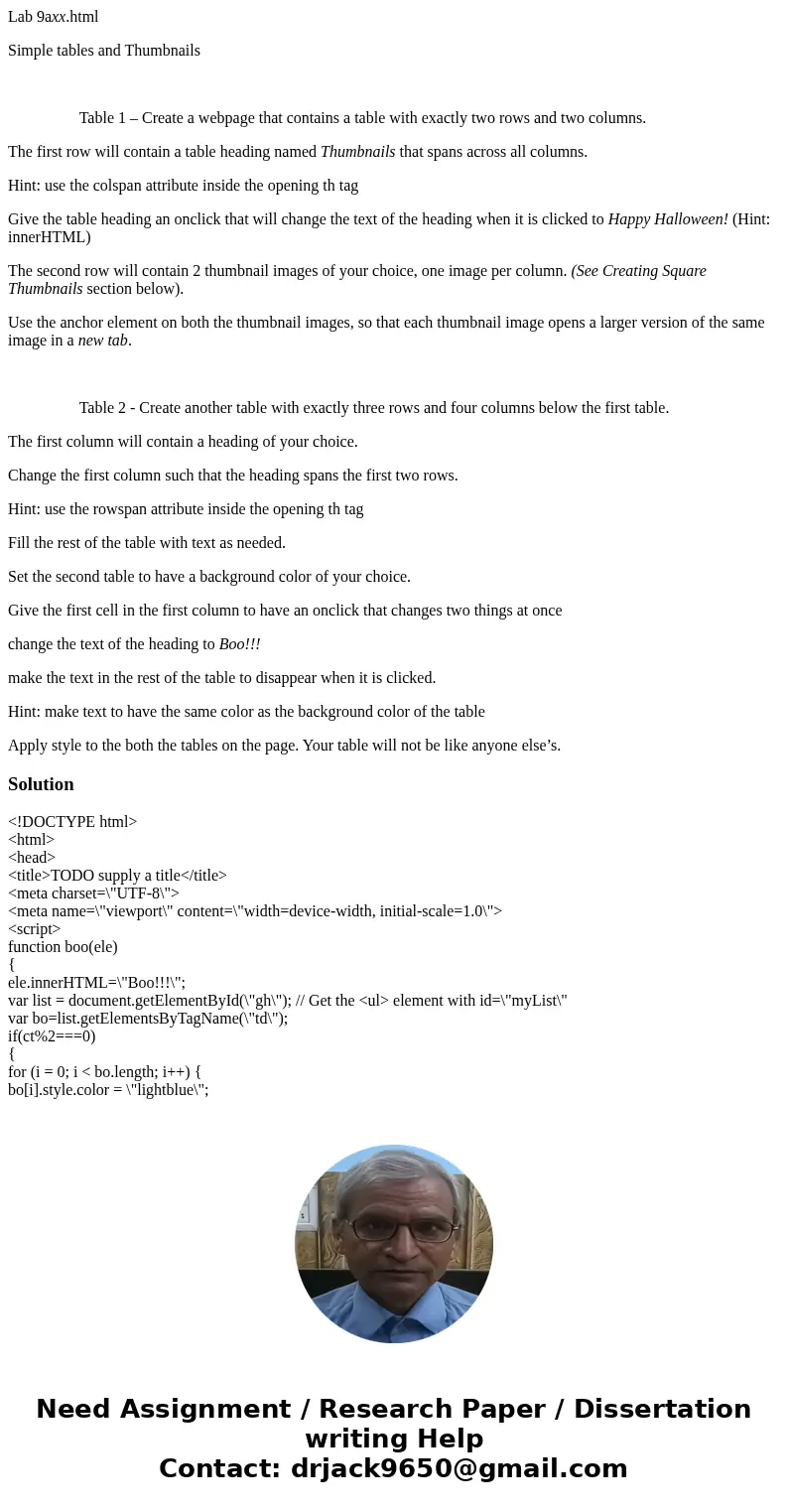 Lab 9axx.html Simple tables and Thumbnails Table 1 – Create a webpage that contains a table with exactly two rows and two columns. The first row will contain a 