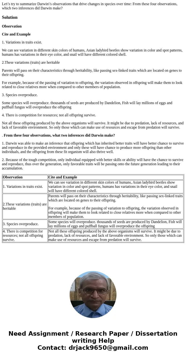 Let\'s try to summarize Darwin\'s observations that drive changes in species over time: From these four observations, which two inferences did Darwin make?Solu  Let\'s try to summarize Darwin\'s observations that drive changes in species over time: From these four observations, which two inferences did Darwin make?Solu