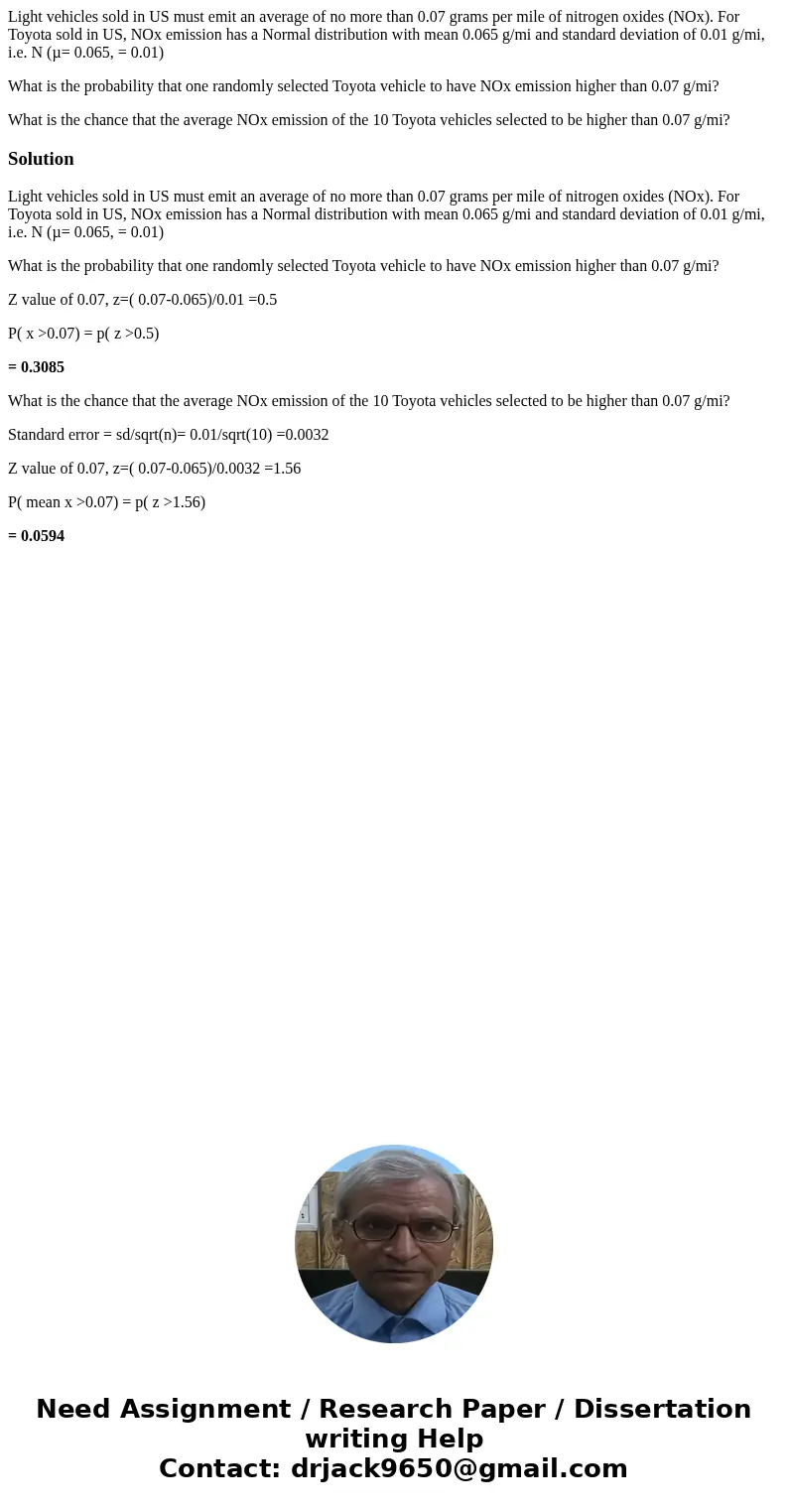 Light vehicles sold in US must emit an average of no more than 0.07 grams per mile of nitrogen oxides (NOx). For Toyota sold in US, NOx emission has a Normal di Light vehicles sold in US must emit an average of no more than 0.07 grams per mile of nitrogen oxides (NOx). For Toyota sold in US, NOx emission has a Normal di