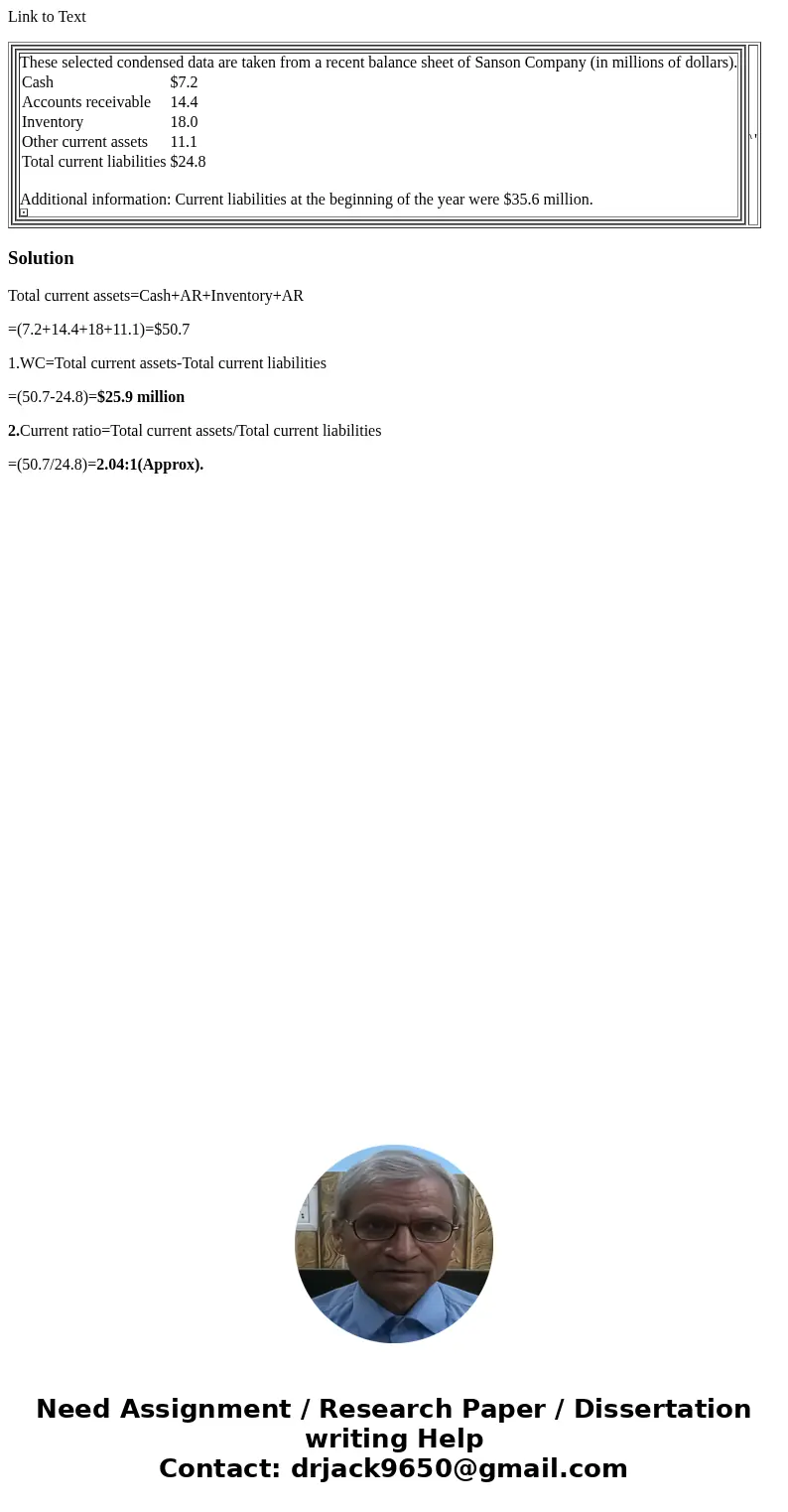 Link to Text These selected condensed data are taken from a recent balance sheet of Sanson Company (in millions of dollars). Cash $7.2 Accounts receivable 14.4 