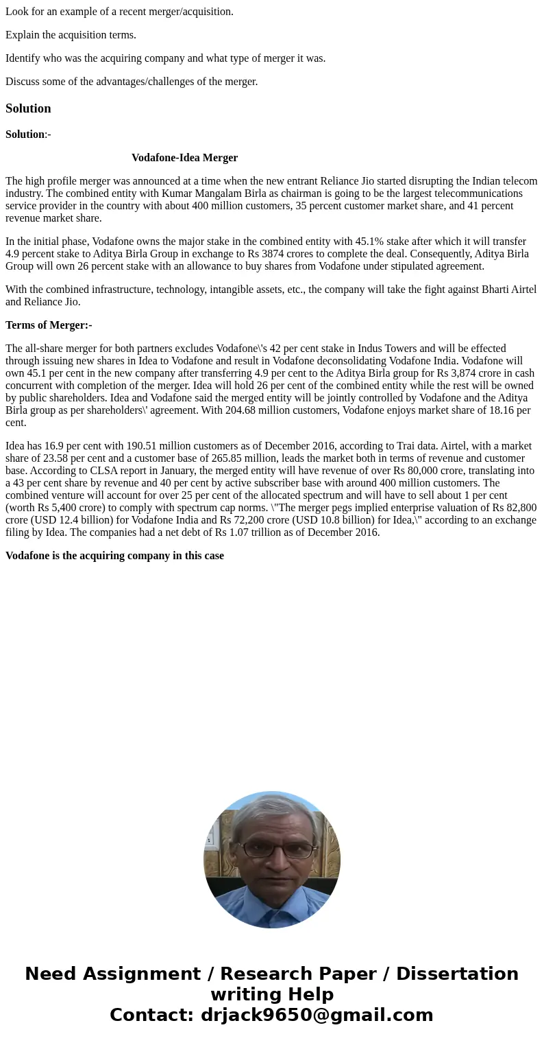 Look for an example of a recent merger/acquisition. Explain the acquisition terms. Identify who was the acquiring company and what type of merger it was. Discus Look for an example of a recent merger/acquisition. Explain the acquisition terms. Identify who was the acquiring company and what type of merger it was. Discus
