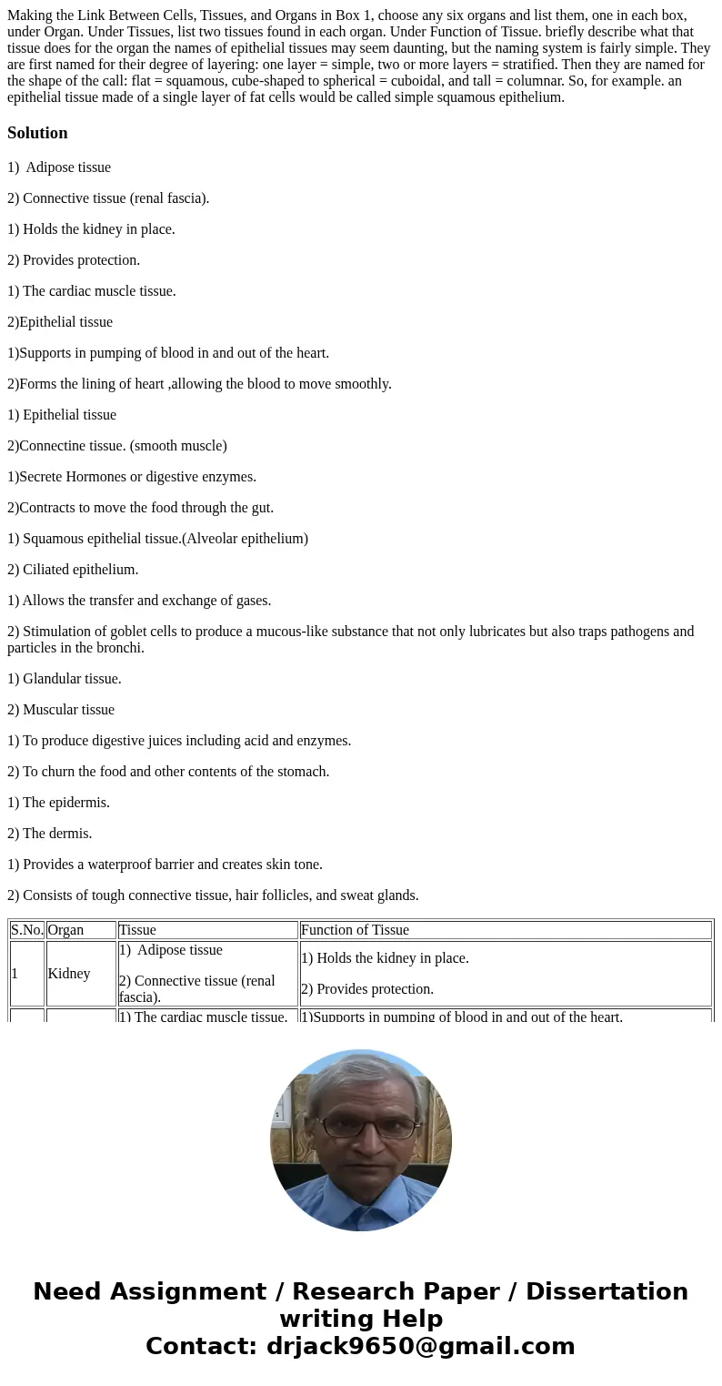 Making the Link Between Cells, Tissues, and Organs in Box 1, choose any six organs and list them, one in each box, under Organ. Under Tissues, list two tissues  Making the Link Between Cells, Tissues, and Organs in Box 1, choose any six organs and list them, one in each box, under Organ. Under Tissues, list two tissues