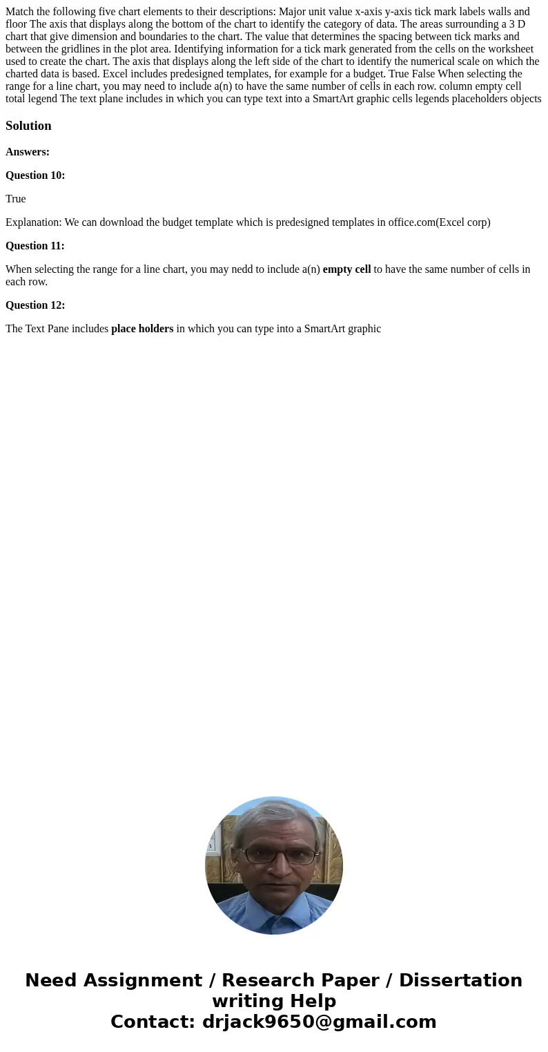 Match the following five chart elements to their descriptions: Major unit value x-axis y-axis tick mark labels walls and floor The axis that displays along the  Match the following five chart elements to their descriptions: Major unit value x-axis y-axis tick mark labels walls and floor The axis that displays along the