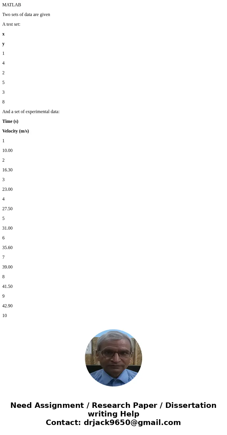 MATLAB Two sets of data are given A test set: x y 1 4 2 5 3 8 And a set of experimental data: Time (s) Velocity (m/s) 1 10.00 2 16.30 3 23.00 4 27.50 5 31.00 6  MATLAB Two sets of data are given A test set: x y 1 4 2 5 3 8 And a set of experimental data: Time (s) Velocity (m/s) 1 10.00 2 16.30 3 23.00 4 27.50 5 31.00 6