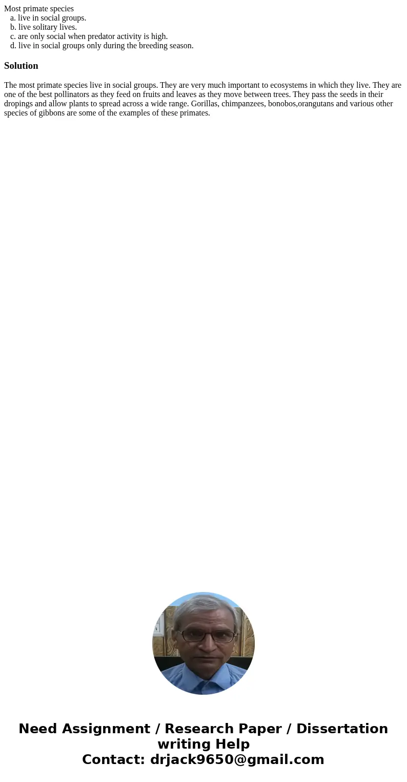 Most primate species a. live in social groups. b. live solitary lives. c. are only social when predator activity is high. d. live in social groups only during t Most primate species a. live in social groups. b. live solitary lives. c. are only social when predator activity is high. d. live in social groups only during t