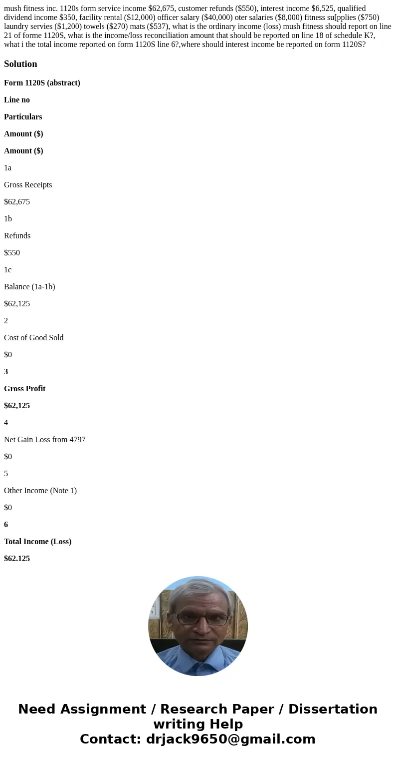 mush fitness inc. 1120s form service income $62,675, customer refunds ($550), interest income $6,525, qualified dividend income $350, facility rental ($12,000) 