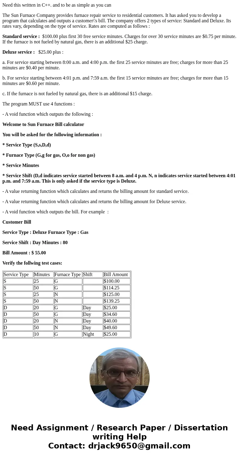 Need this written in C++. and to be as simple as you can The Sun Furnace Company provides furnace repair service to residential customers. It has asked you to d Need this written in C++. and to be as simple as you can The Sun Furnace Company provides furnace repair service to residential customers. It has asked you to d