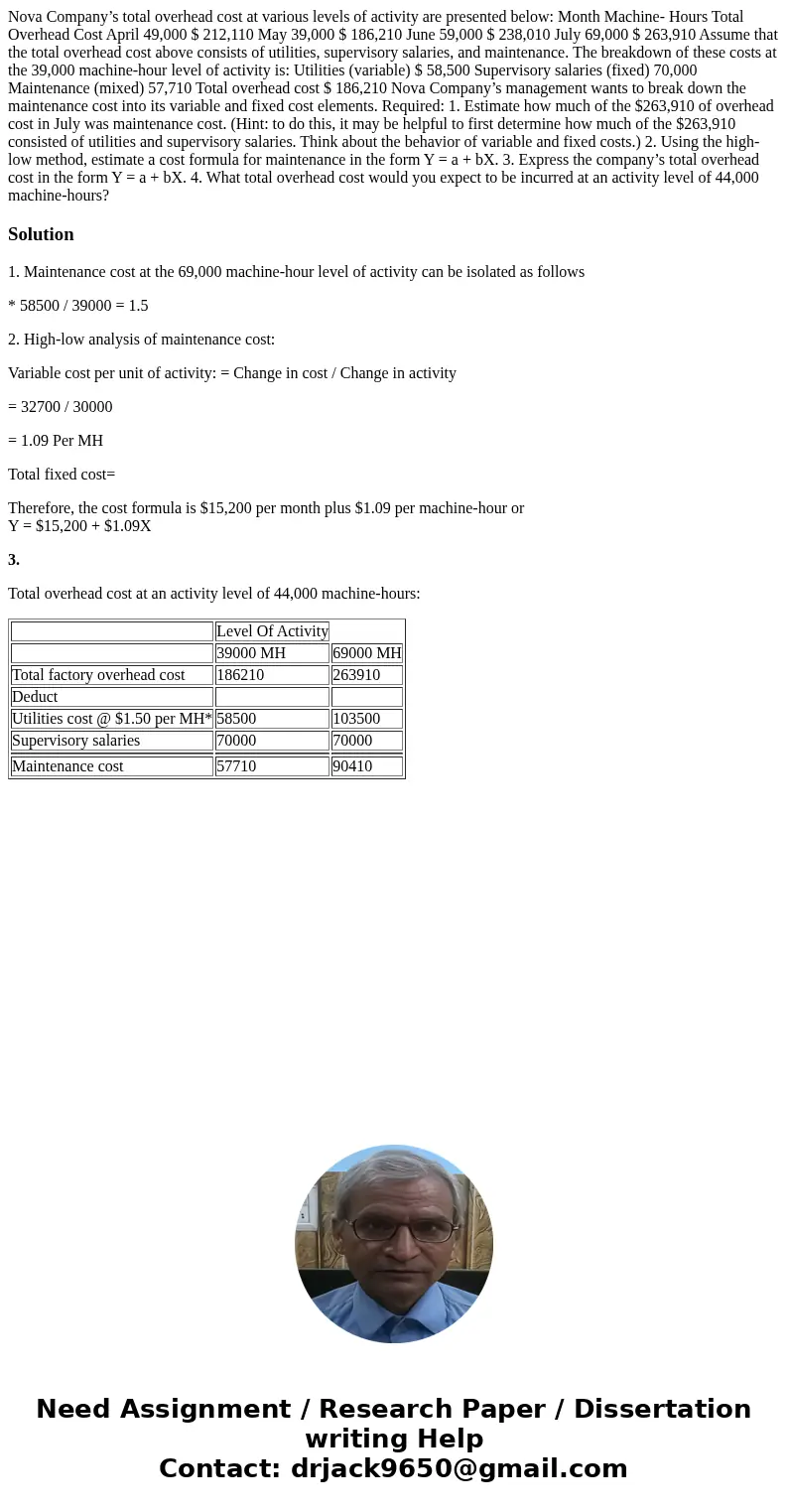 Nova Company’s total overhead cost at various levels of activity are presented below: Month Machine- Hours Total Overhead Cost April 49,000 $ 212,110 May 39,000