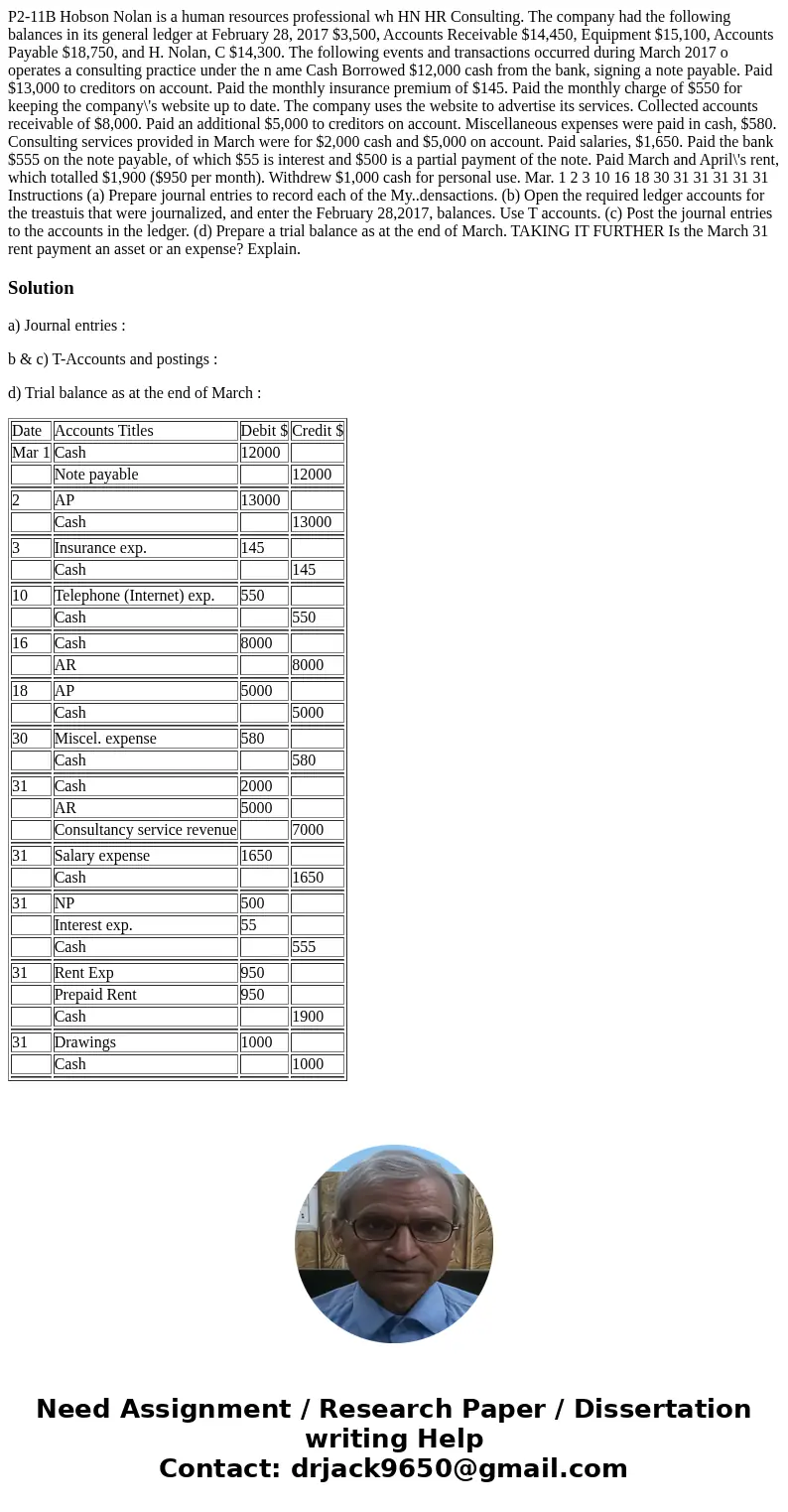  P2-11B Hobson Nolan is a human resources professional wh HN HR Consulting. The company had the following balances in its general ledger at February 28, 2017 $3