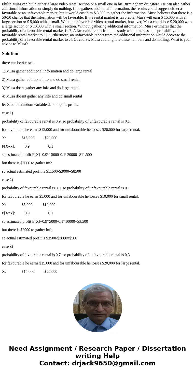 Philip Musa can build either a large video rental section or a small one in his Birmingham drugstore. He can also gather additional information or simply do not Philip Musa can build either a large video rental section or a small one in his Birmingham drugstore. He can also gather additional information or simply do not