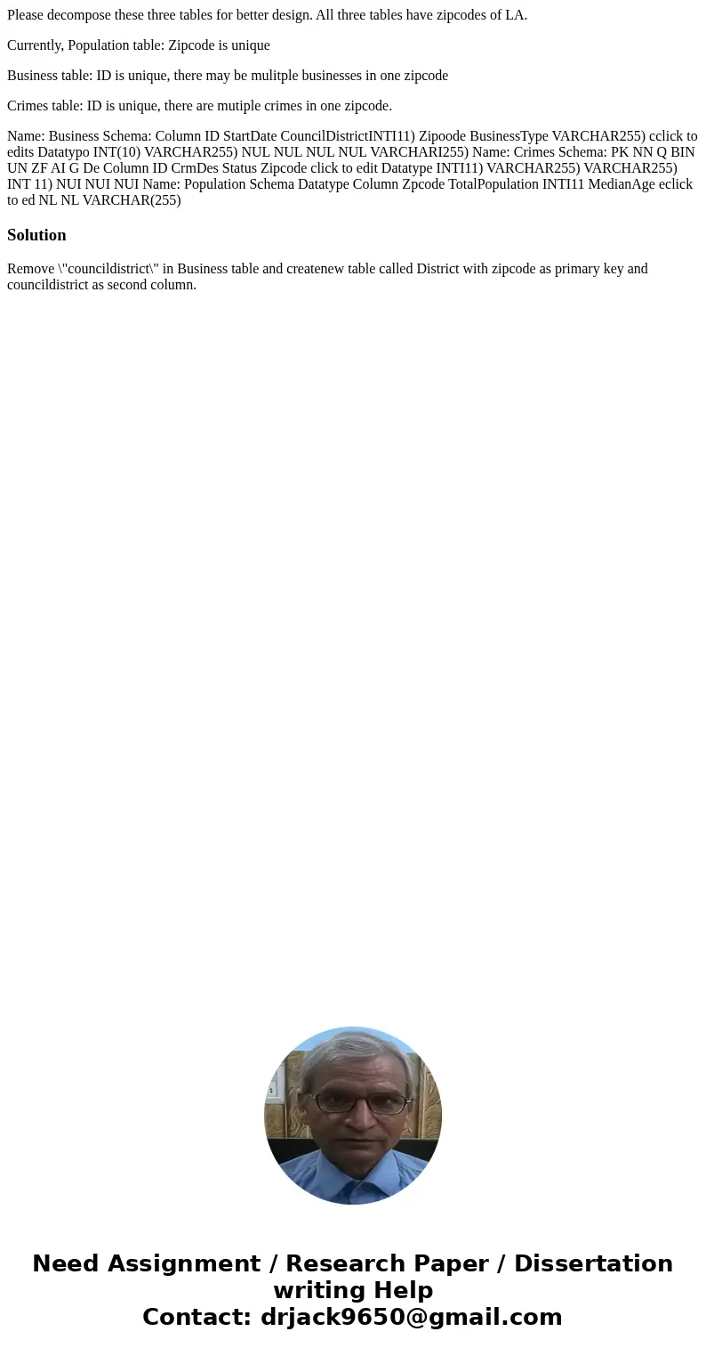 Please decompose these three tables for better design. All three tables have zipcodes of LA. Currently, Population table: Zipcode is unique Business table: ID i Please decompose these three tables for better design. All three tables have zipcodes of LA. Currently, Population table: Zipcode is unique Business table: ID i