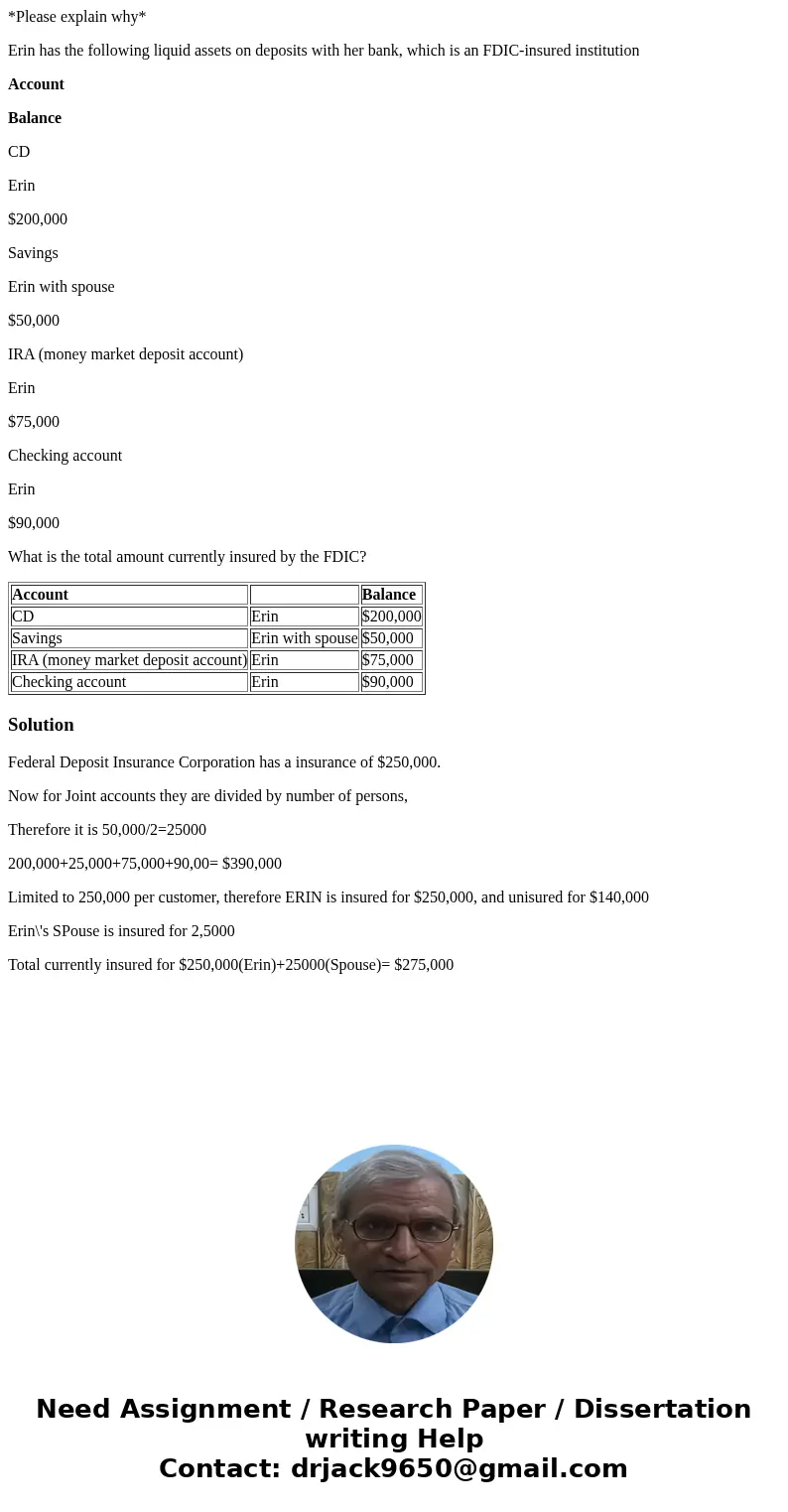 *Please explain why* Erin has the following liquid assets on deposits with her bank, which is an FDIC-insured institution Account Balance CD Erin $200,000 Savin *Please explain why* Erin has the following liquid assets on deposits with her bank, which is an FDIC-insured institution Account Balance CD Erin $200,000 Savin