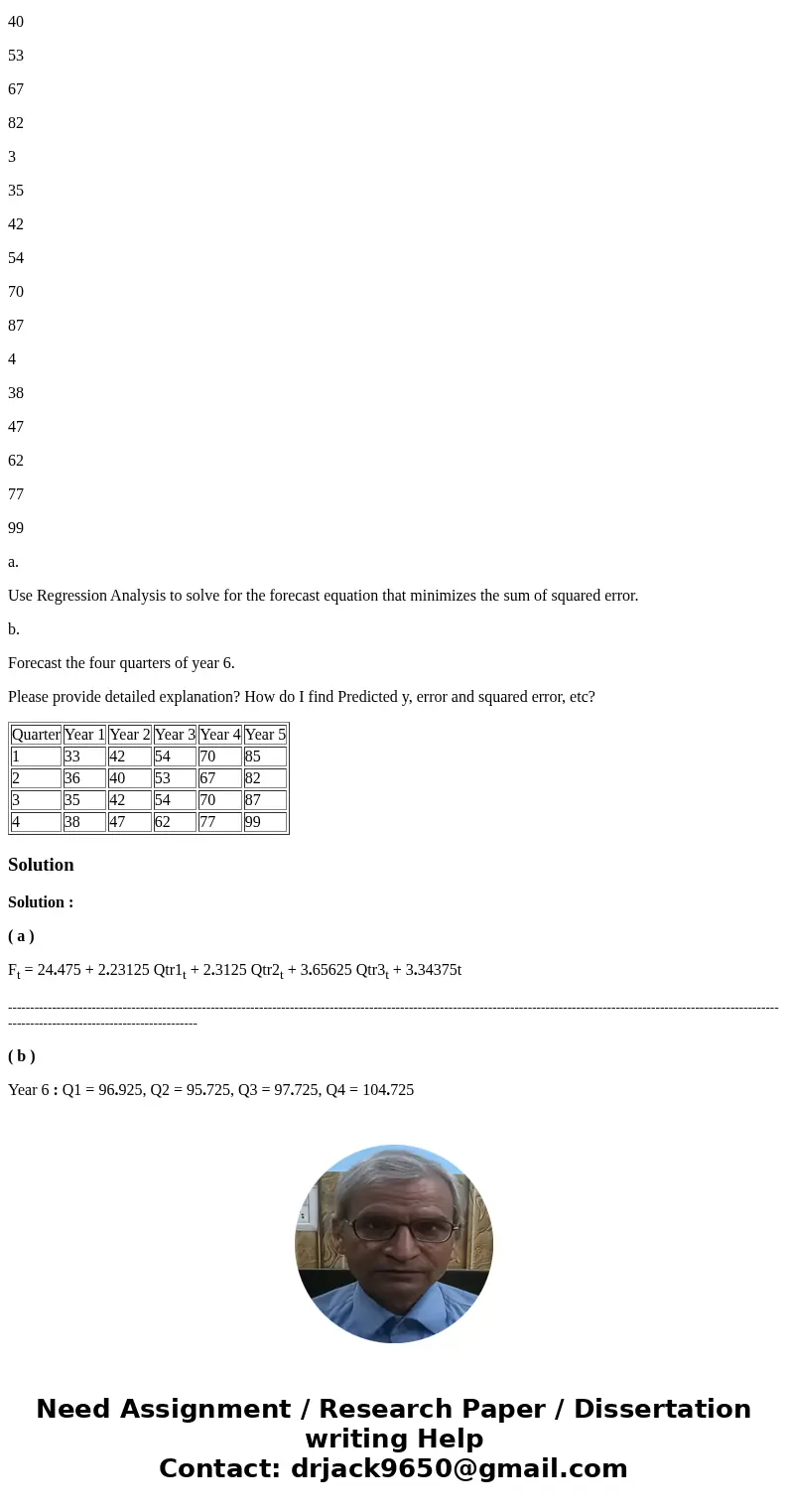 Quarterly revenues (in $1,000,000\'s) for a national restaurant chain for a five-year period were as follows: Quarter Year 1 Year 2 Year 3 Year 4 Year 5 1 33 42 Quarterly revenues (in $1,000,000\'s) for a national restaurant chain for a five-year period were as follows: Quarter Year 1 Year 2 Year 3 Year 4 Year 5 1 33 42