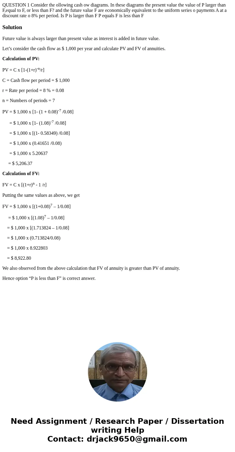 QUESTION 1 Consider the ollowing cash ow diagrams. In these diagrams the present value the value of P larger than F,equal to F, or less than F? and the future   QUESTION 1 Consider the ollowing cash ow diagrams. In these diagrams the present value the value of P larger than F,equal to F, or less than F? and the future
