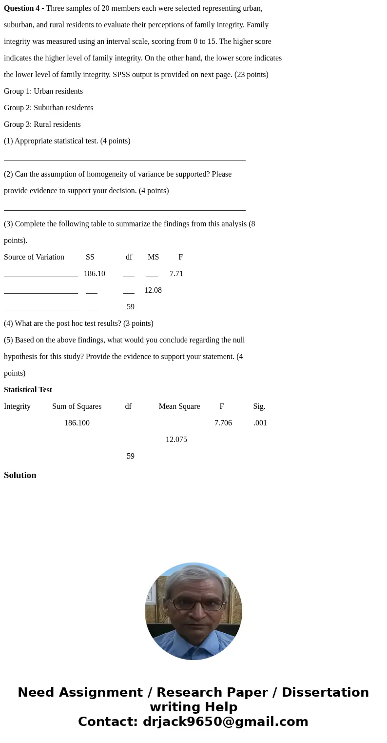 Question 4 - Three samples of 20 members each were selected representing urban, suburban, and rural residents to evaluate their perceptions of family integrity. Question 4 - Three samples of 20 members each were selected representing urban, suburban, and rural residents to evaluate their perceptions of family integrity.