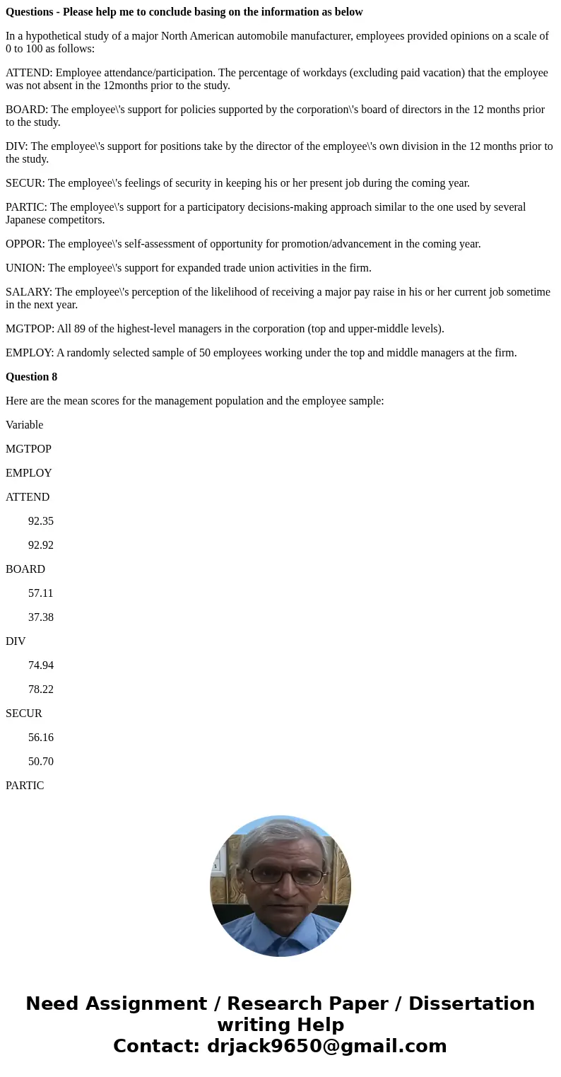 Questions - Please help me to conclude basing on the information as below In a hypothetical study of a major North American automobile manufacturer, employees p Questions - Please help me to conclude basing on the information as below In a hypothetical study of a major North American automobile manufacturer, employees p