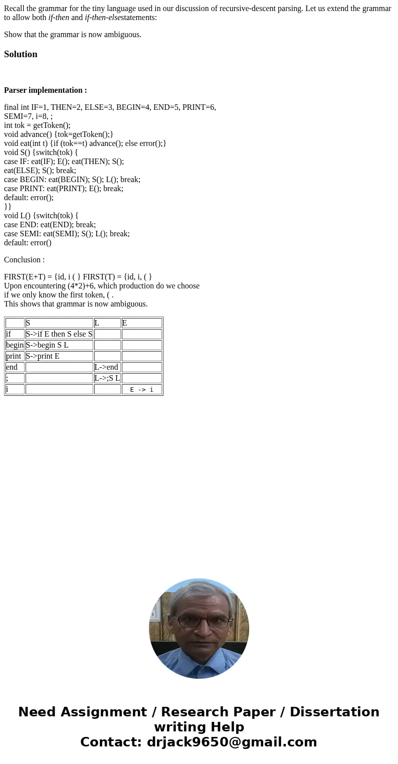Recall the grammar for the tiny language used in our discussion of recursive-descent parsing. Let us extend the grammar to allow both if-then and if-then-elsest Recall the grammar for the tiny language used in our discussion of recursive-descent parsing. Let us extend the grammar to allow both if-then and if-then-elsest