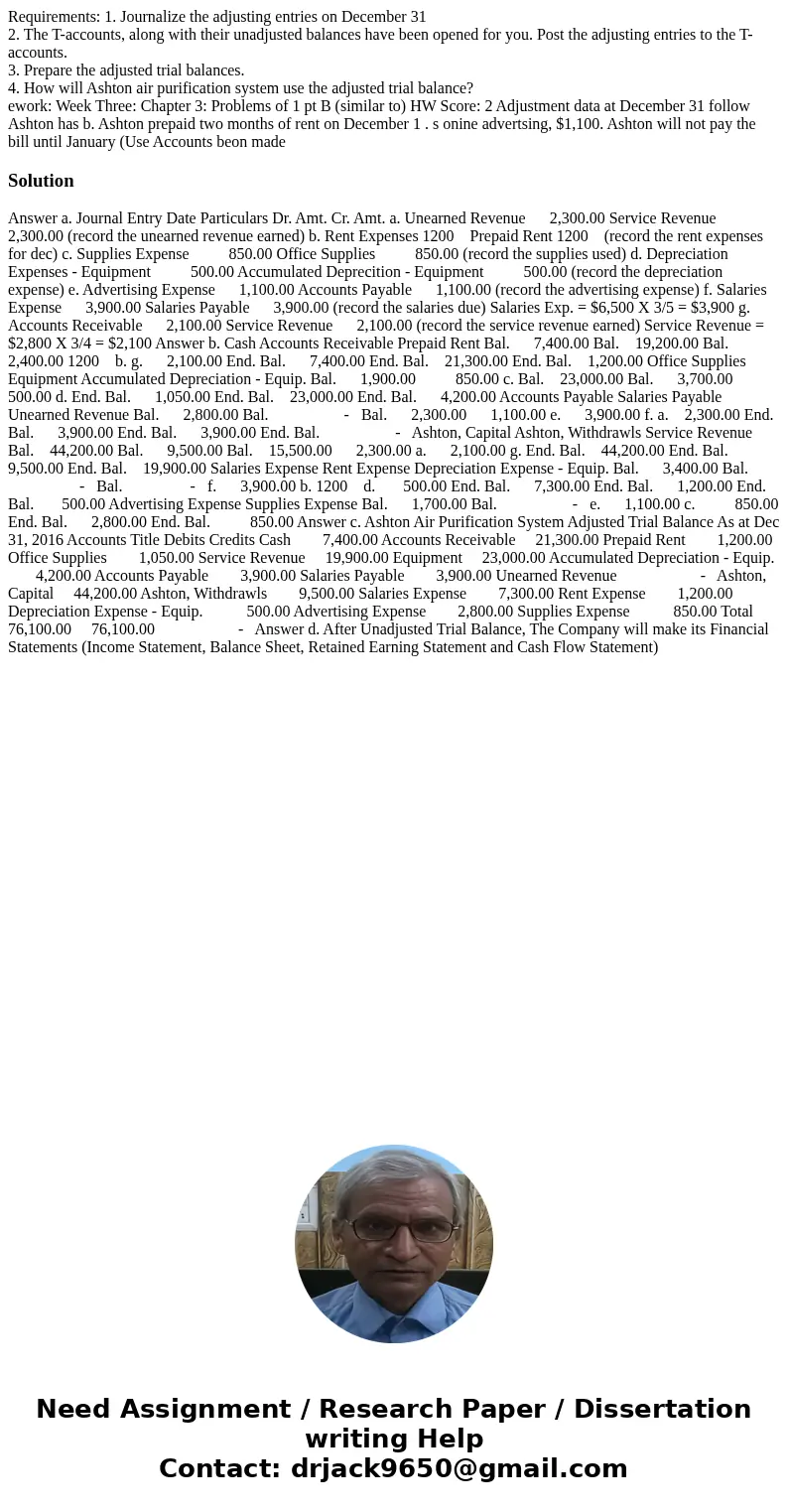 Requirements: 1. Journalize the adjusting entries on December 31 2. The T-accounts, along with their unadjusted balances have been opened for you. Post the adju Requirements: 1. Journalize the adjusting entries on December 31 2. The T-accounts, along with their unadjusted balances have been opened for you. Post the adju