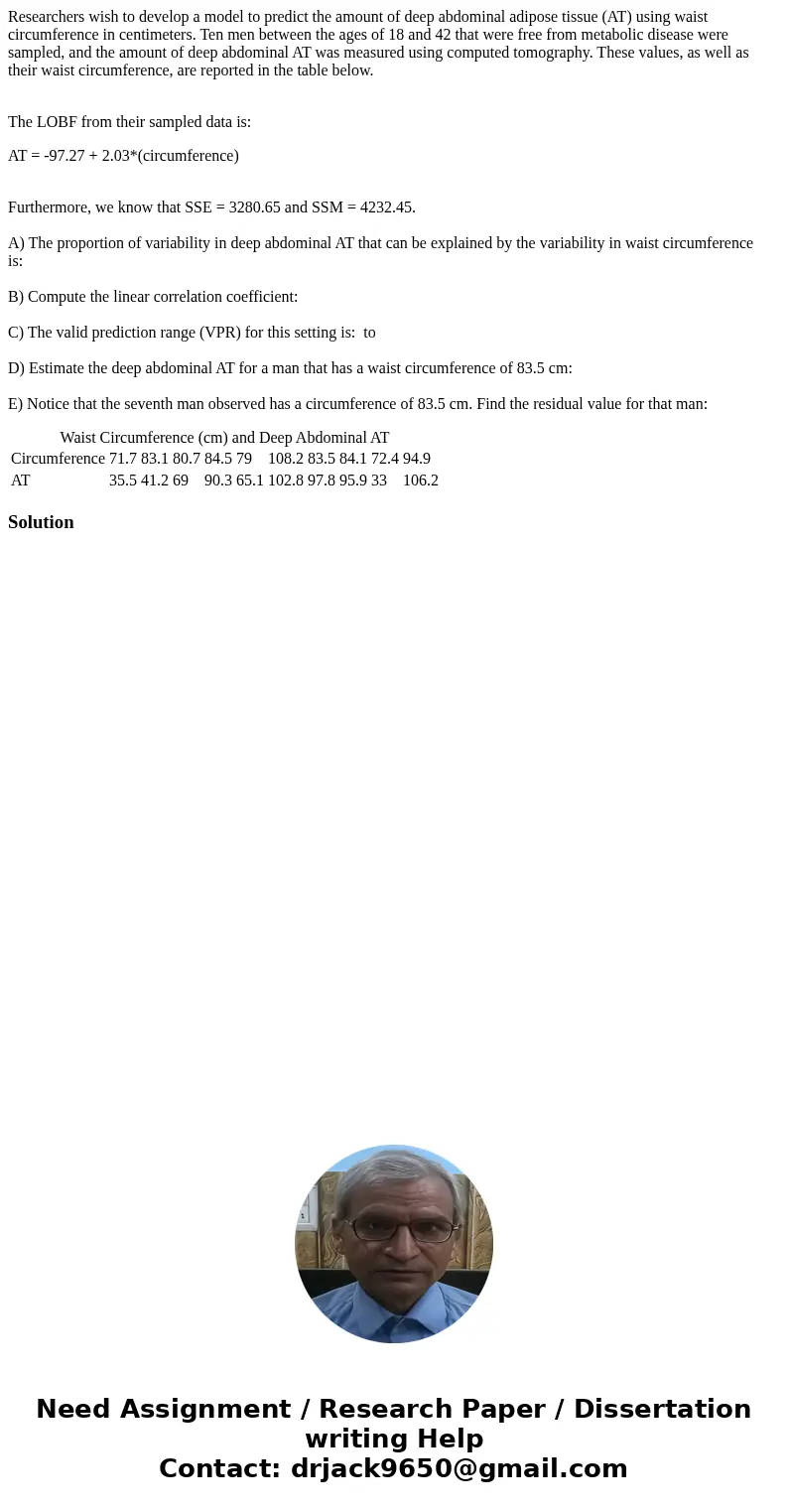 Researchers wish to develop a model to predict the amount of deep abdominal adipose tissue (AT) using waist circumference in centimeters. Ten men between the ag