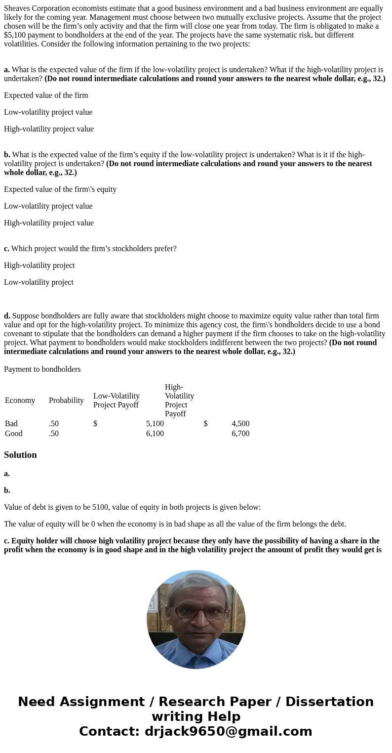 Sheaves Corporation economists estimate that a good business environment and a bad business environment are equally likely for the coming year. Management must 