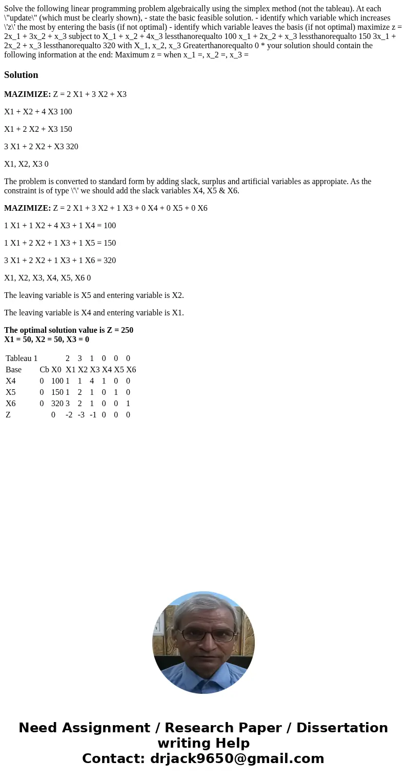 Solve the following linear programming problem algebraically using the simplex method (not the tableau). At each \  Solve the following linear programming problem algebraically using the simplex method (not the tableau). At each \