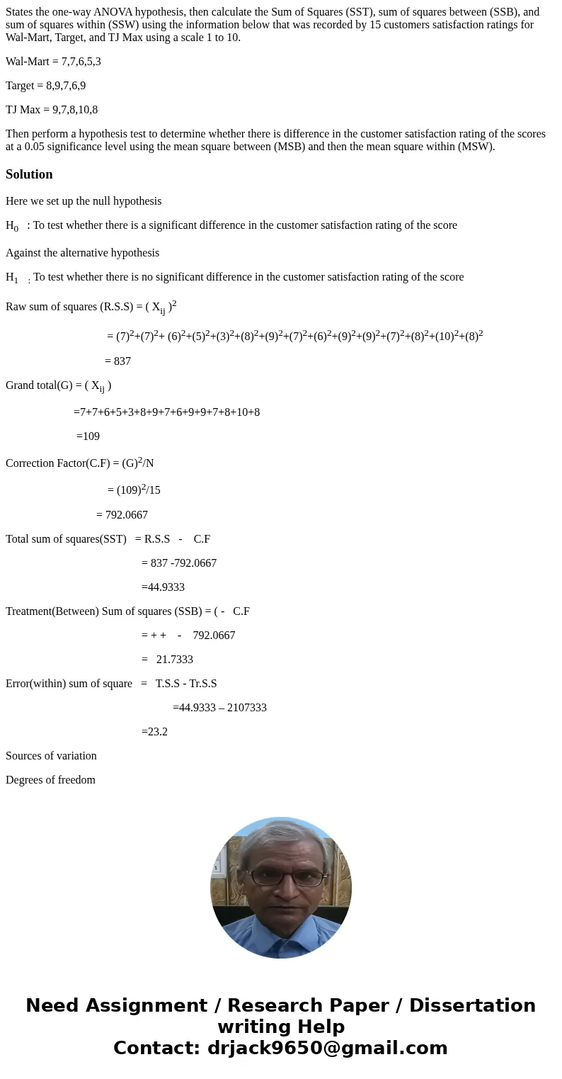 States the one-way ANOVA hypothesis, then calculate the Sum of Squares (SST), sum of squares between (SSB), and sum of squares within (SSW) using the informatio States the one-way ANOVA hypothesis, then calculate the Sum of Squares (SST), sum of squares between (SSB), and sum of squares within (SSW) using the informatio
