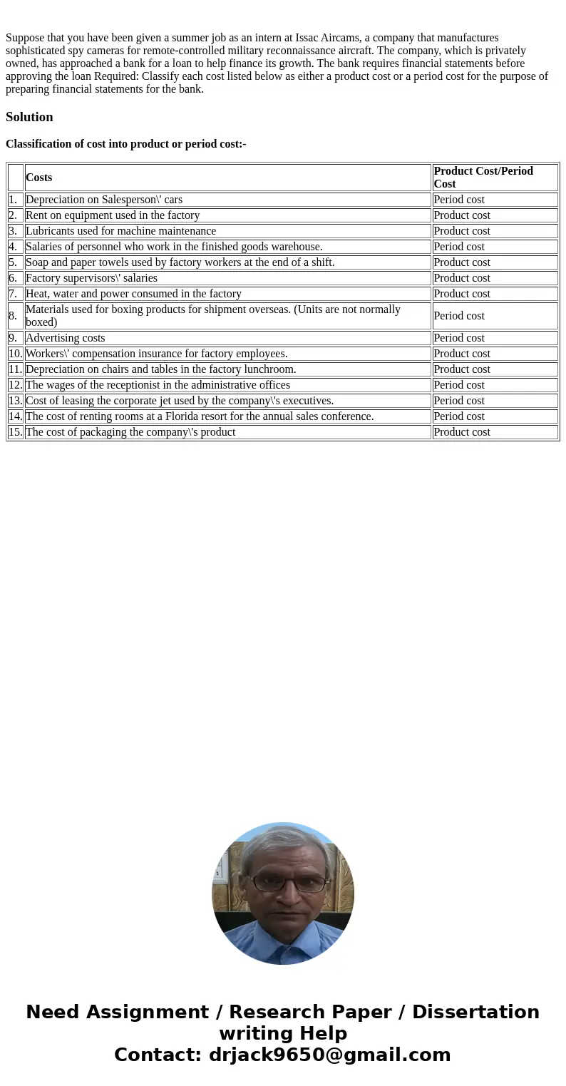 Suppose that you have been given a summer job as an intern at Issac Aircams, a company that manufactures sophisticated spy cameras for remote-controlled milita  Suppose that you have been given a summer job as an intern at Issac Aircams, a company that manufactures sophisticated spy cameras for remote-controlled milita