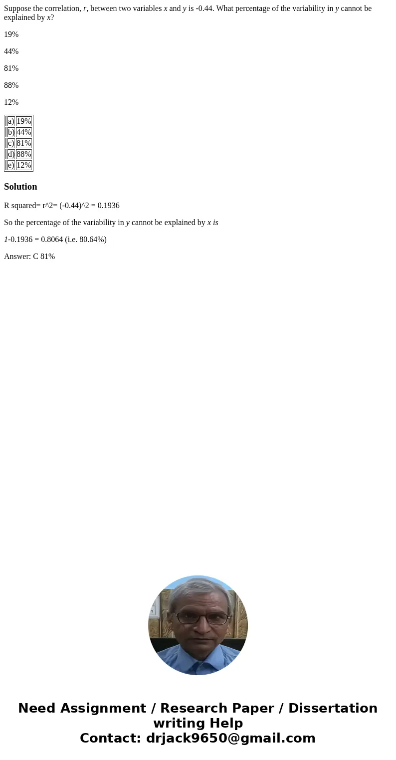 Suppose the correlation, r, between two variables x and y is -0.44. What percentage of the variability in y cannot be explained by x? 19% 44% 81% 88% 12% a) 19% Suppose the correlation, r, between two variables x and y is -0.44. What percentage of the variability in y cannot be explained by x? 19% 44% 81% 88% 12% a) 19%