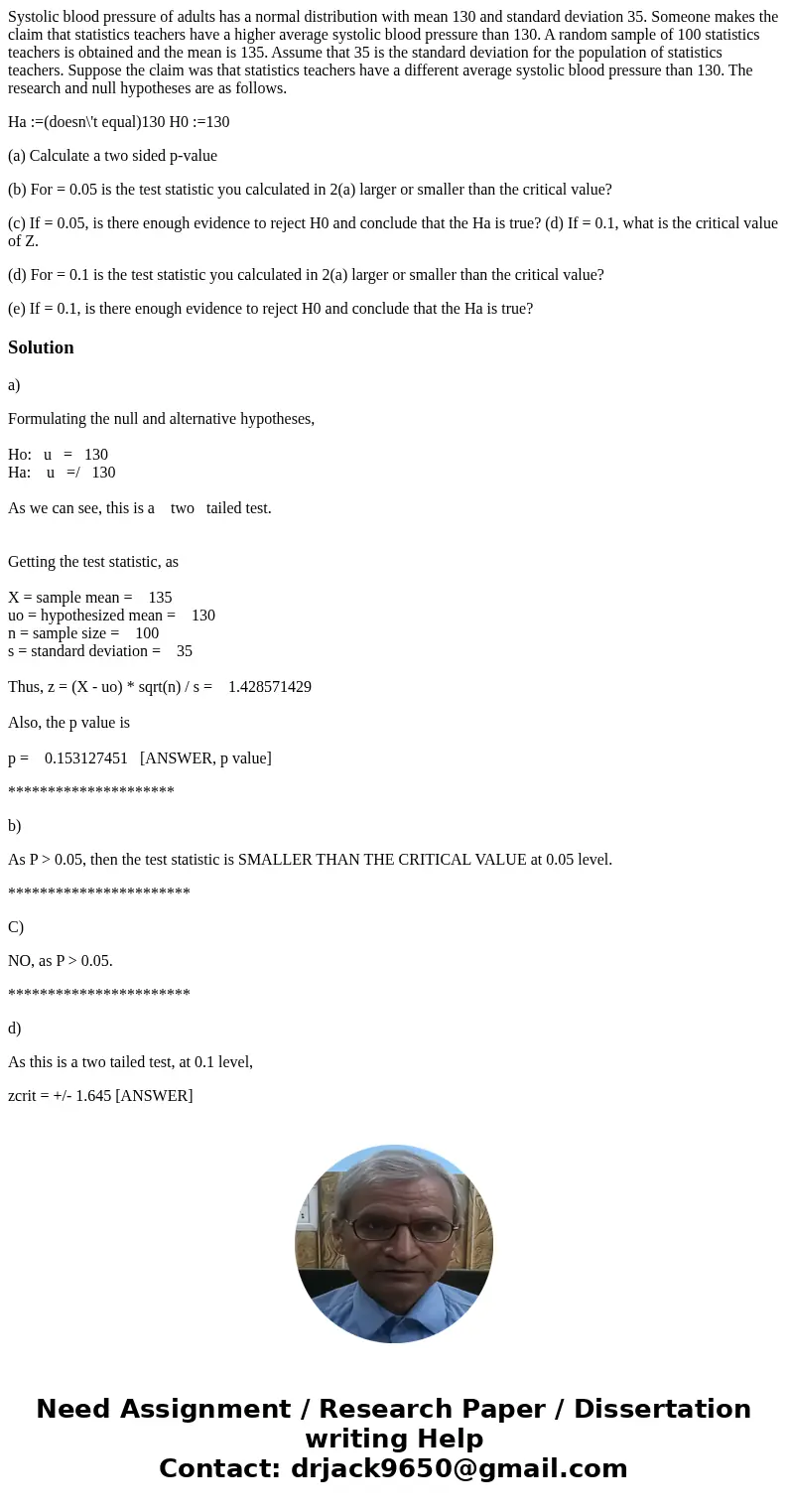 Systolic blood pressure of adults has a normal distribution with mean 130 and standard deviation 35. Someone makes the claim that statistics teachers have a hig