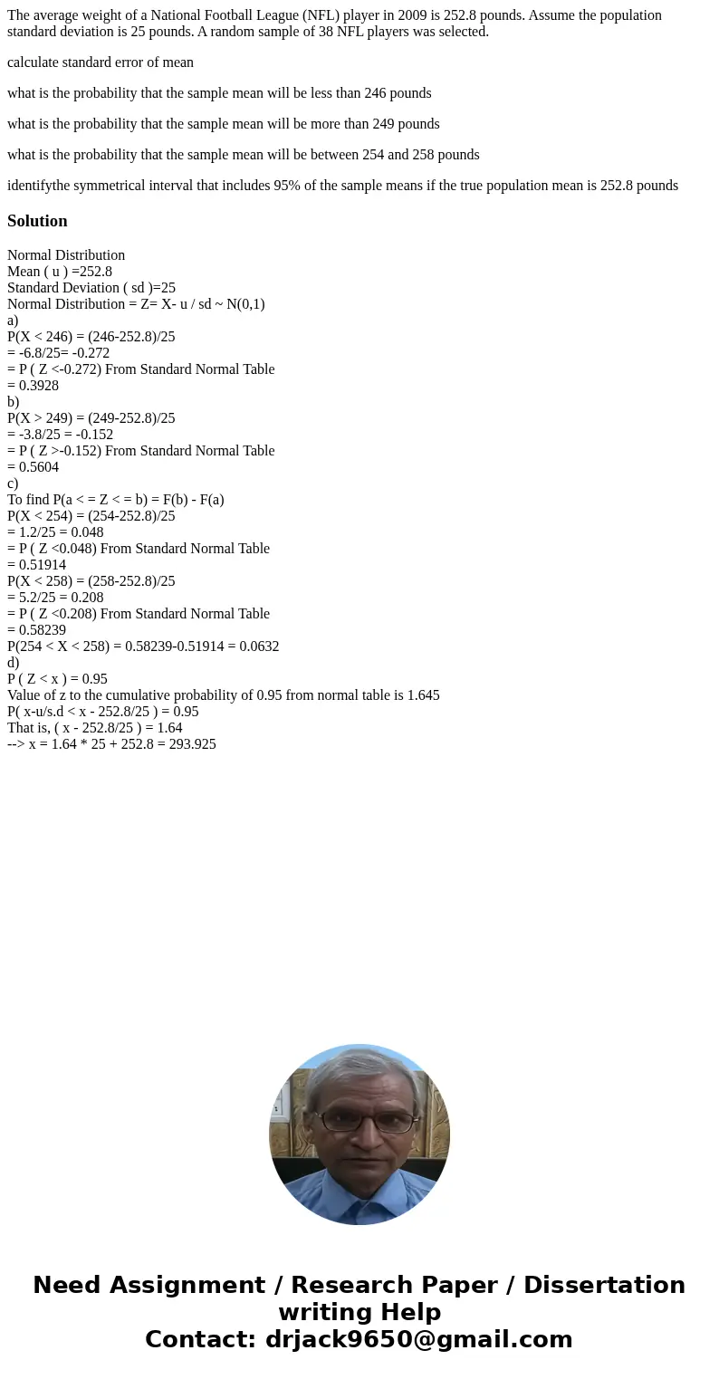 The average weight of a National Football League (NFL) player in 2009 is 252.8 pounds. Assume the population standard deviation is 25 pounds. A random sample of The average weight of a National Football League (NFL) player in 2009 is 252.8 pounds. Assume the population standard deviation is 25 pounds. A random sample of