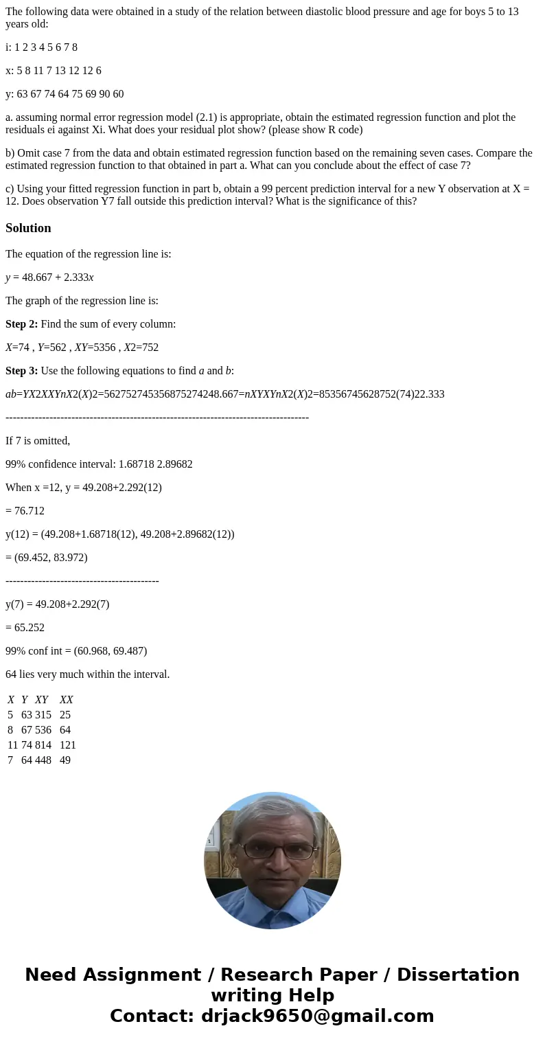 The following data were obtained in a study of the relation between diastolic blood pressure and age for boys 5 to 13 years old: i: 1 2 3 4 5 6 7 8 x: 5 8 11 7  The following data were obtained in a study of the relation between diastolic blood pressure and age for boys 5 to 13 years old: i: 1 2 3 4 5 6 7 8 x: 5 8 11 7