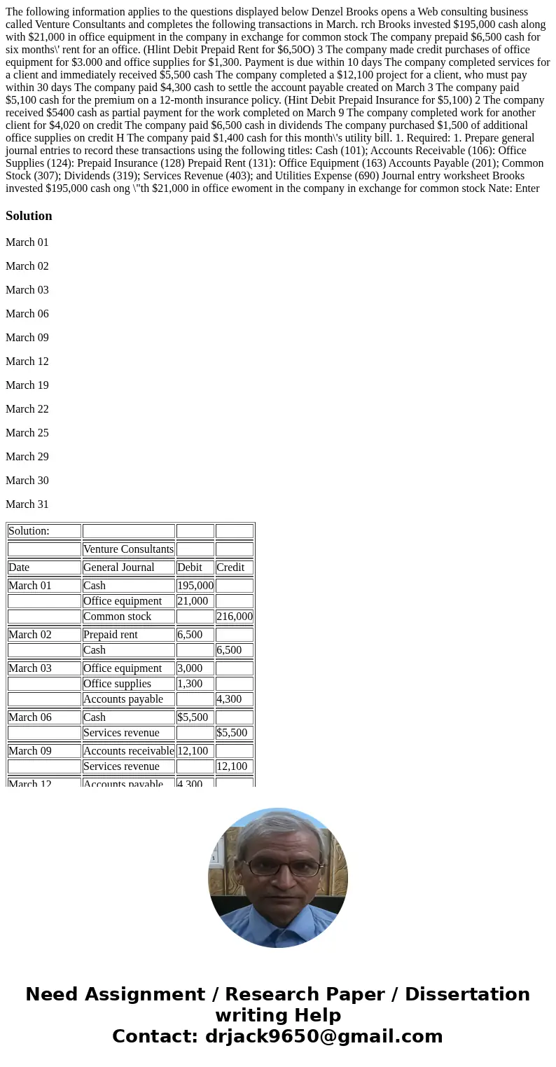  The following information applies to the questions displayed below Denzel Brooks opens a Web consulting business called Venture Consultants and completes the f