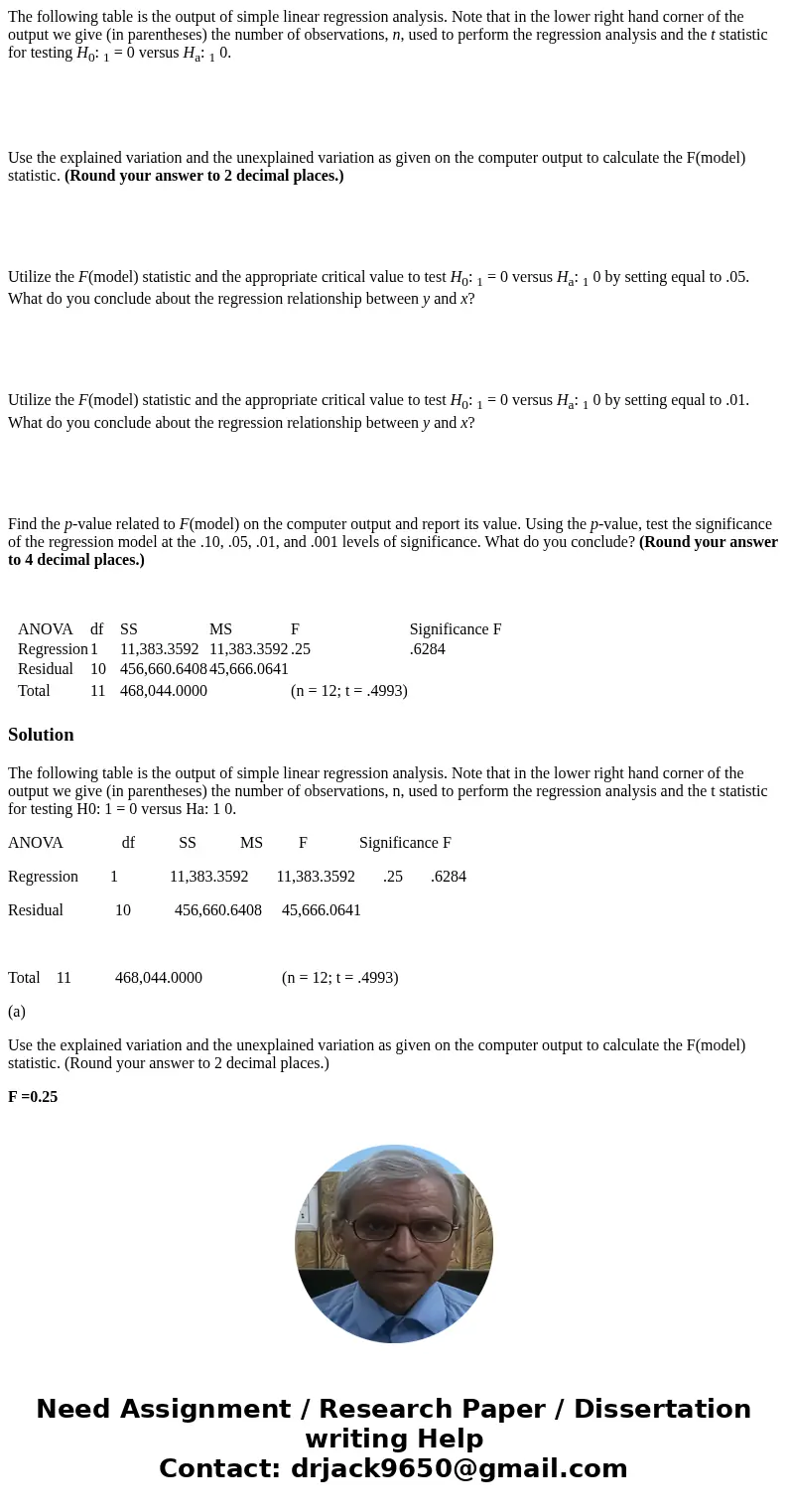 The following table is the output of simple linear regression analysis. Note that in the lower right hand corner of the output we give (in parentheses) the numb