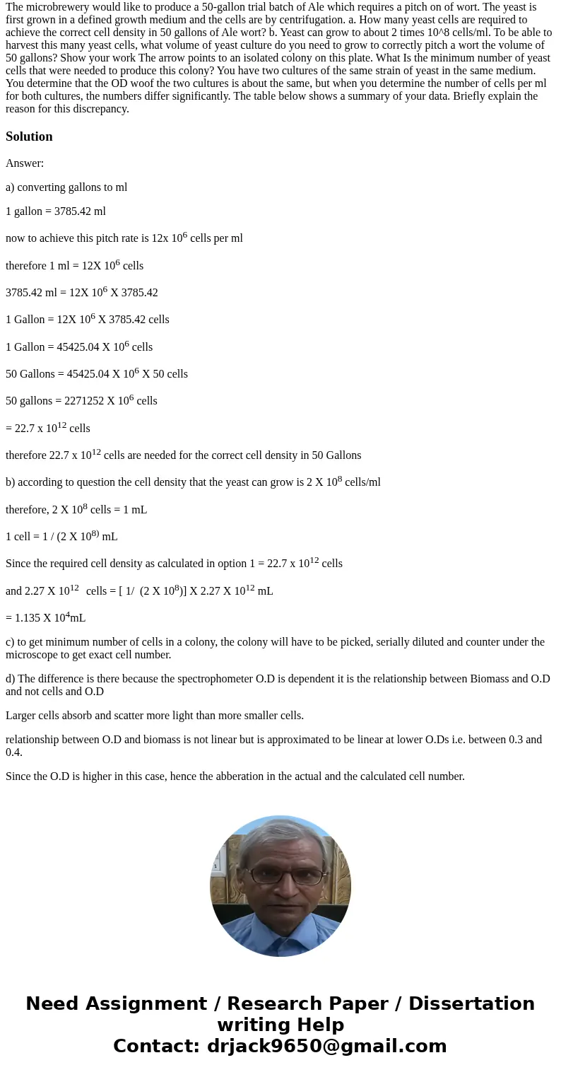 The microbrewery would like to produce a 50-gallon trial batch of Ale which requires a pitch on of wort. The yeast is first grown in a defined growth medium an  The microbrewery would like to produce a 50-gallon trial batch of Ale which requires a pitch on of wort. The yeast is first grown in a defined growth medium an