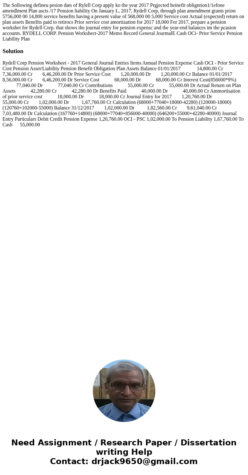  The Sollowing defineu pesion dats of Rylell Corp apply ko the year 2017 Prgjected heinefit obligntion1/1efone amendlment Plan ascts /17 Ponsion liability On Ja