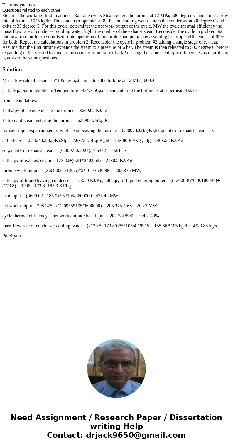 Thermodynamics Questions related to each other Steam is the working fluid in an ideal Rankine cycle. Steam enters the turbine at 12 MPa, 600 degree C and a mass Thermodynamics Questions related to each other Steam is the working fluid in an ideal Rankine cycle. Steam enters the turbine at 12 MPa, 600 degree C and a mass