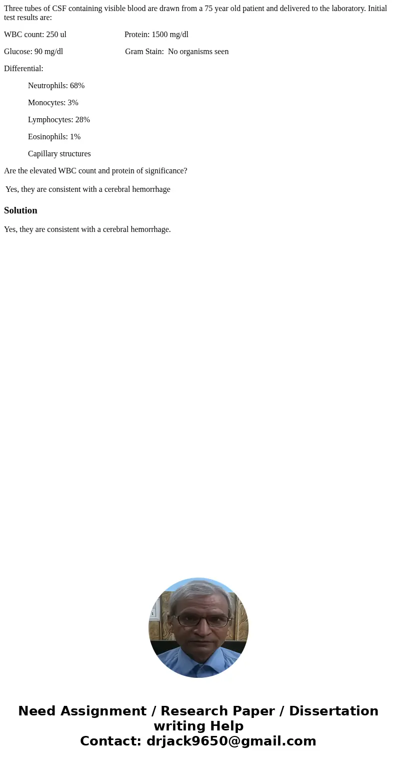 Three tubes of CSF containing visible blood are drawn from a 75 year old patient and delivered to the laboratory. Initial test results are: WBC count: 250 ul Pr Three tubes of CSF containing visible blood are drawn from a 75 year old patient and delivered to the laboratory. Initial test results are: WBC count: 250 ul Pr