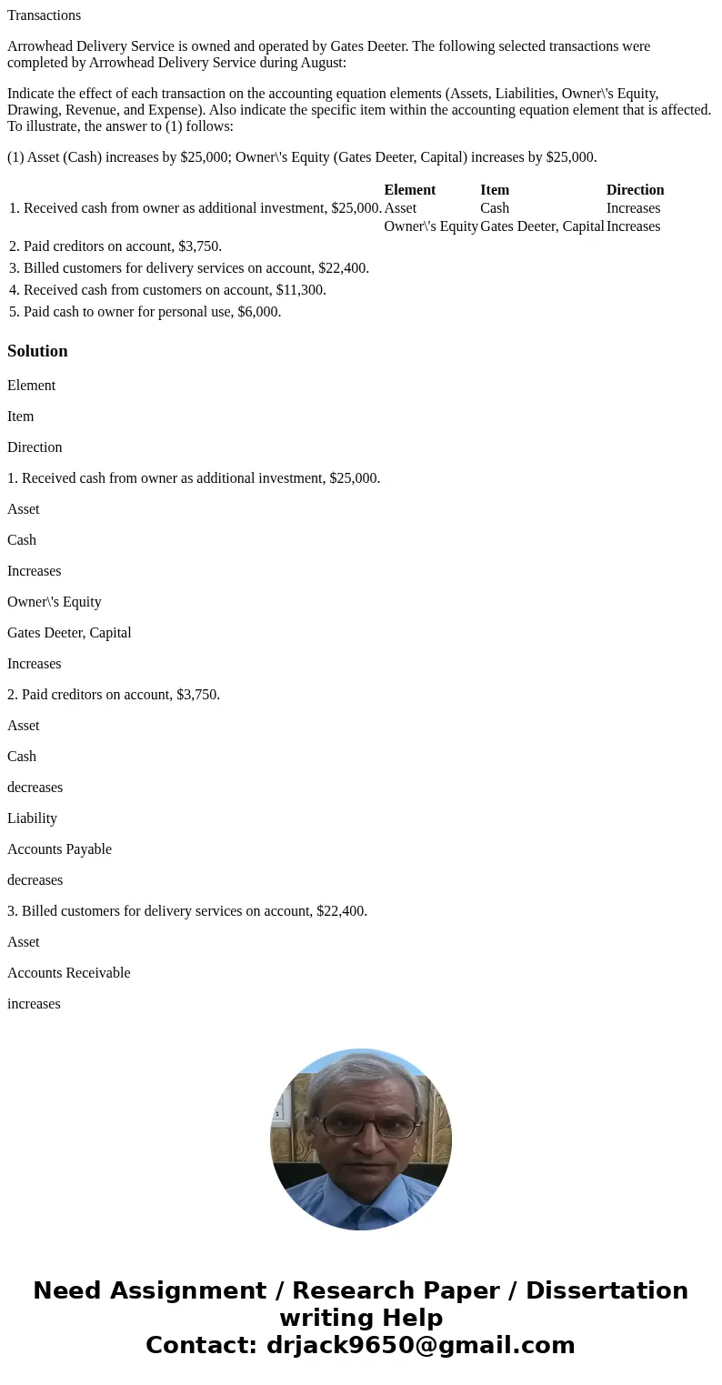 Transactions Arrowhead Delivery Service is owned and operated by Gates Deeter. The following selected transactions were completed by Arrowhead Delivery Service 