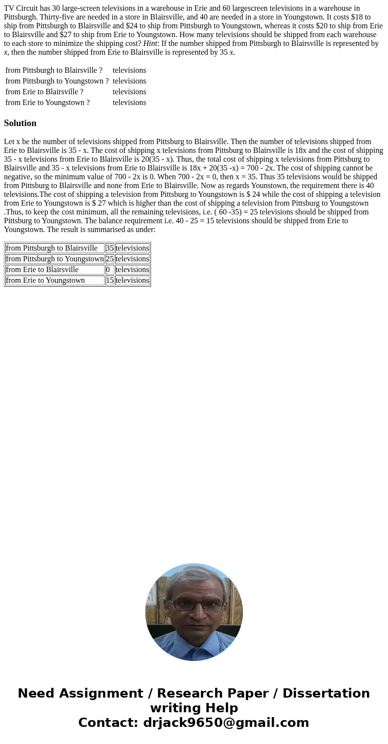 TV Circuit has 30 large-screen televisions in a warehouse in Erie and 60 largescreen televisions in a warehouse in Pittsburgh. Thirty-five are needed in a store TV Circuit has 30 large-screen televisions in a warehouse in Erie and 60 largescreen televisions in a warehouse in Pittsburgh. Thirty-five are needed in a store
