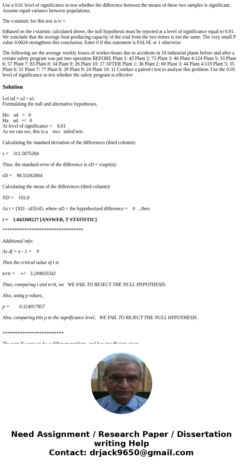 Use a 0.01 level of significance to test whether the difference between the means of these two samples is significant. Assume equal variance between populations Use a 0.01 level of significance to test whether the difference between the means of these two samples is significant. Assume equal variance between populations
