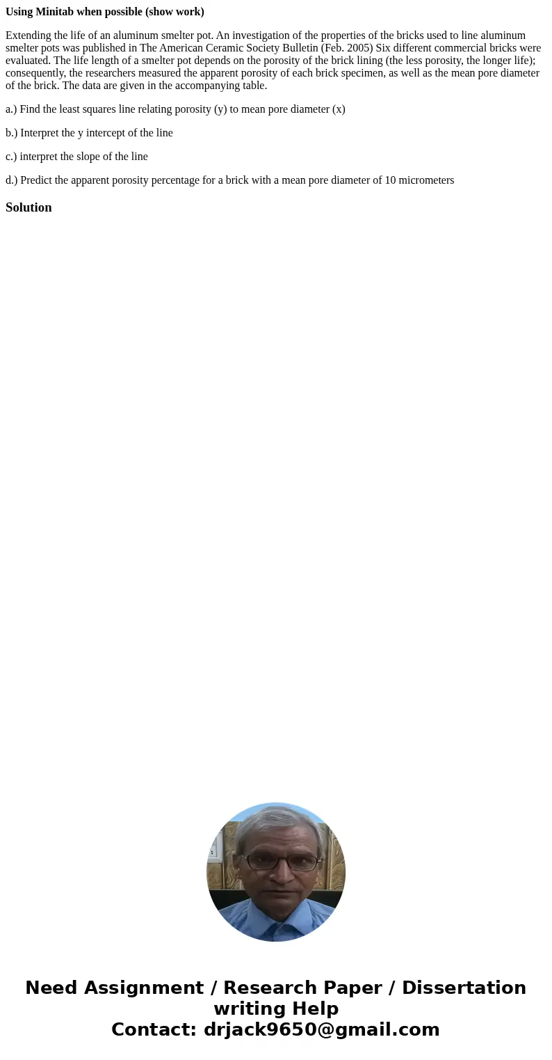Using Minitab when possible (show work) Extending the life of an aluminum smelter pot. An investigation of the properties of the bricks used to line aluminum sm Using Minitab when possible (show work) Extending the life of an aluminum smelter pot. An investigation of the properties of the bricks used to line aluminum sm