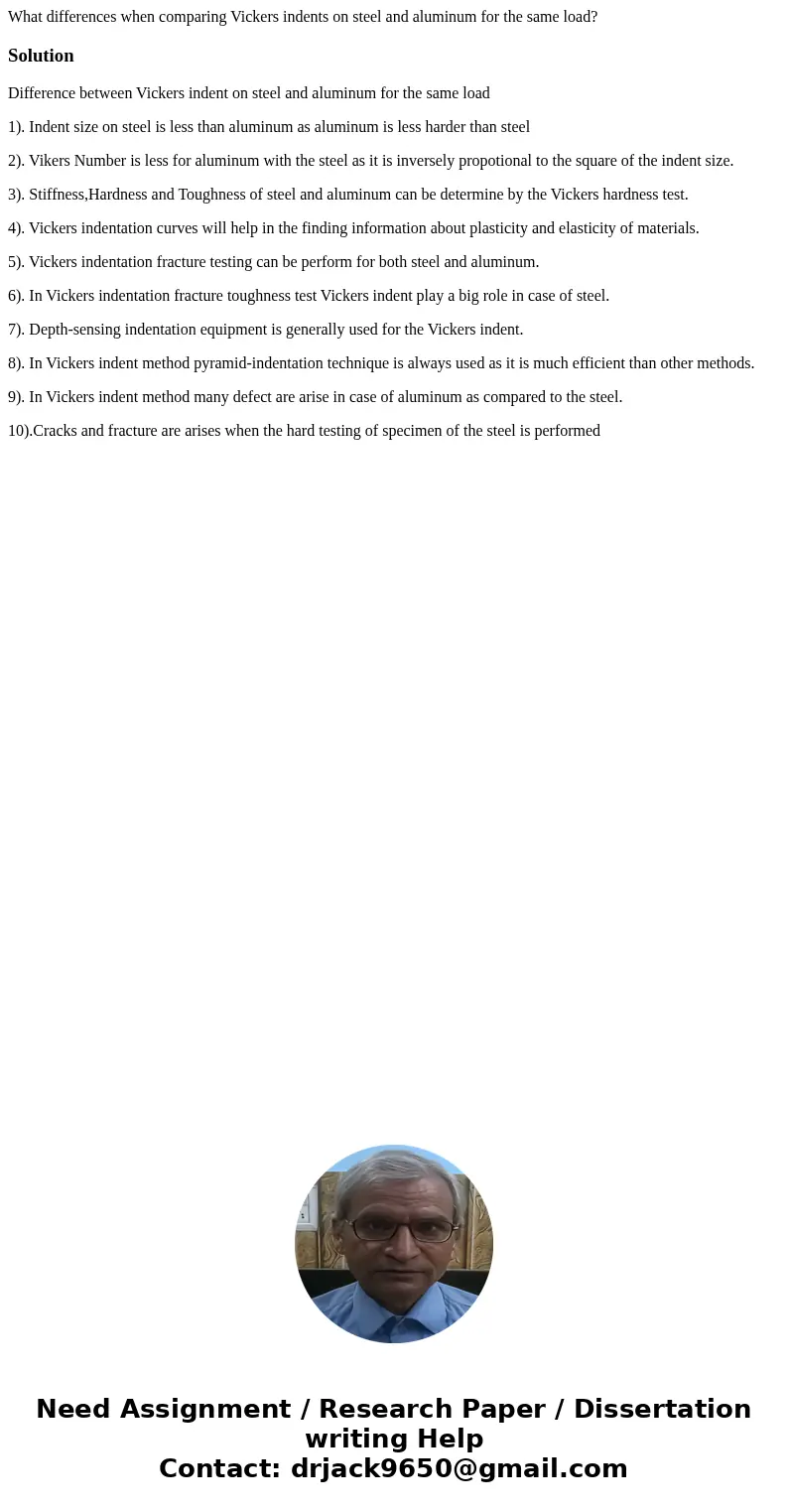 What differences when comparing Vickers indents on steel and aluminum for the same load?SolutionDifference between Vickers indent on steel and aluminum for the  What differences when comparing Vickers indents on steel and aluminum for the same load?SolutionDifference between Vickers indent on steel and aluminum for the