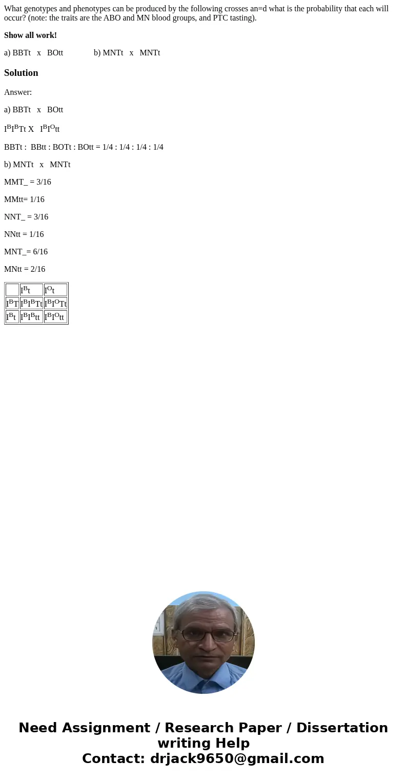 What genotypes and phenotypes can be produced by the following crosses an=d what is the probability that each will occur? (note: the traits are the ABO and MN b What genotypes and phenotypes can be produced by the following crosses an=d what is the probability that each will occur? (note: the traits are the ABO and MN b