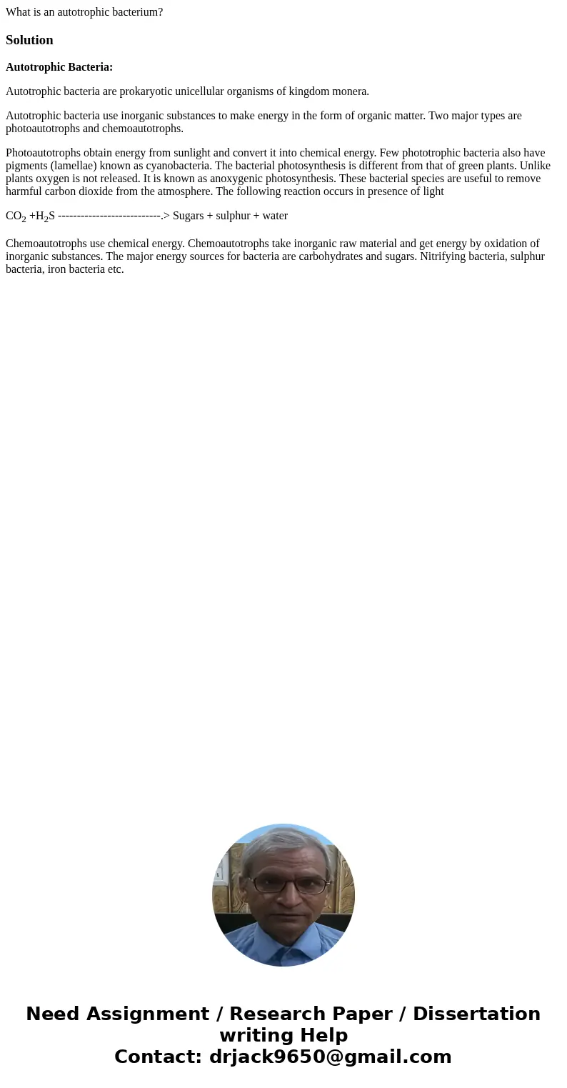 What is an autotrophic bacterium?SolutionAutotrophic Bacteria: Autotrophic bacteria are prokaryotic unicellular organisms of kingdom monera. Autotrophic bacteri What is an autotrophic bacterium?SolutionAutotrophic Bacteria: Autotrophic bacteria are prokaryotic unicellular organisms of kingdom monera. Autotrophic bacteri