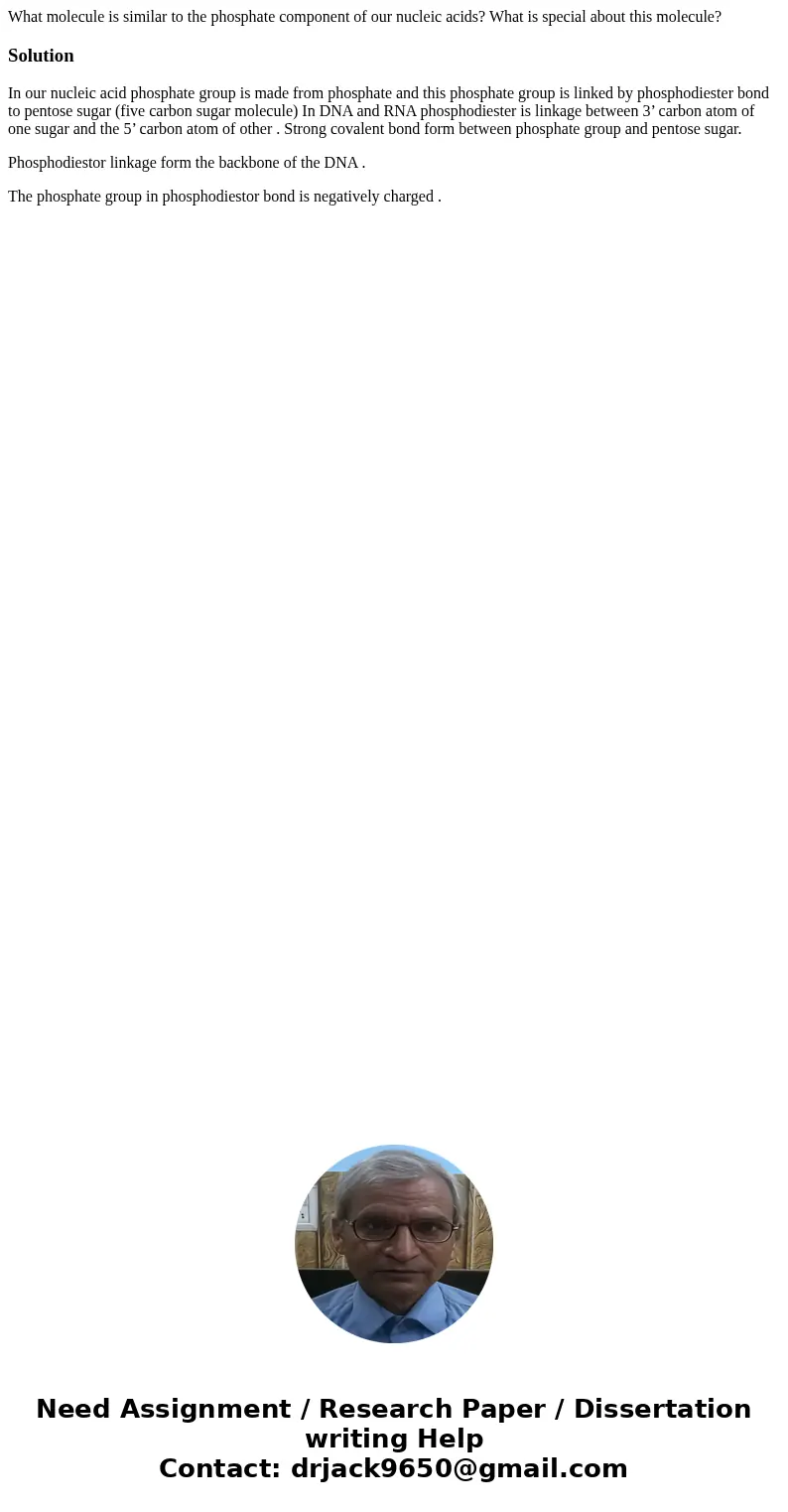 What molecule is similar to the phosphate component of our nucleic acids? What is special about this molecule?SolutionIn our nucleic acid phosphate group is mad What molecule is similar to the phosphate component of our nucleic acids? What is special about this molecule?SolutionIn our nucleic acid phosphate group is mad