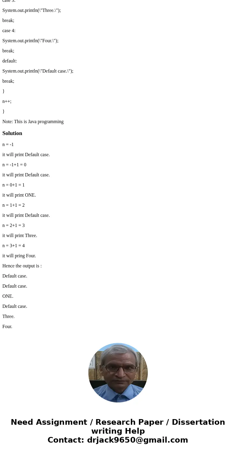 What output is produced by the following code? int top = 4, n = -1; while( n <= top) { switch(n) { case 1: System.out.println(\ What output is produced by the following code? int top = 4, n = -1; while( n <= top) { switch(n) { case 1: System.out.println(\