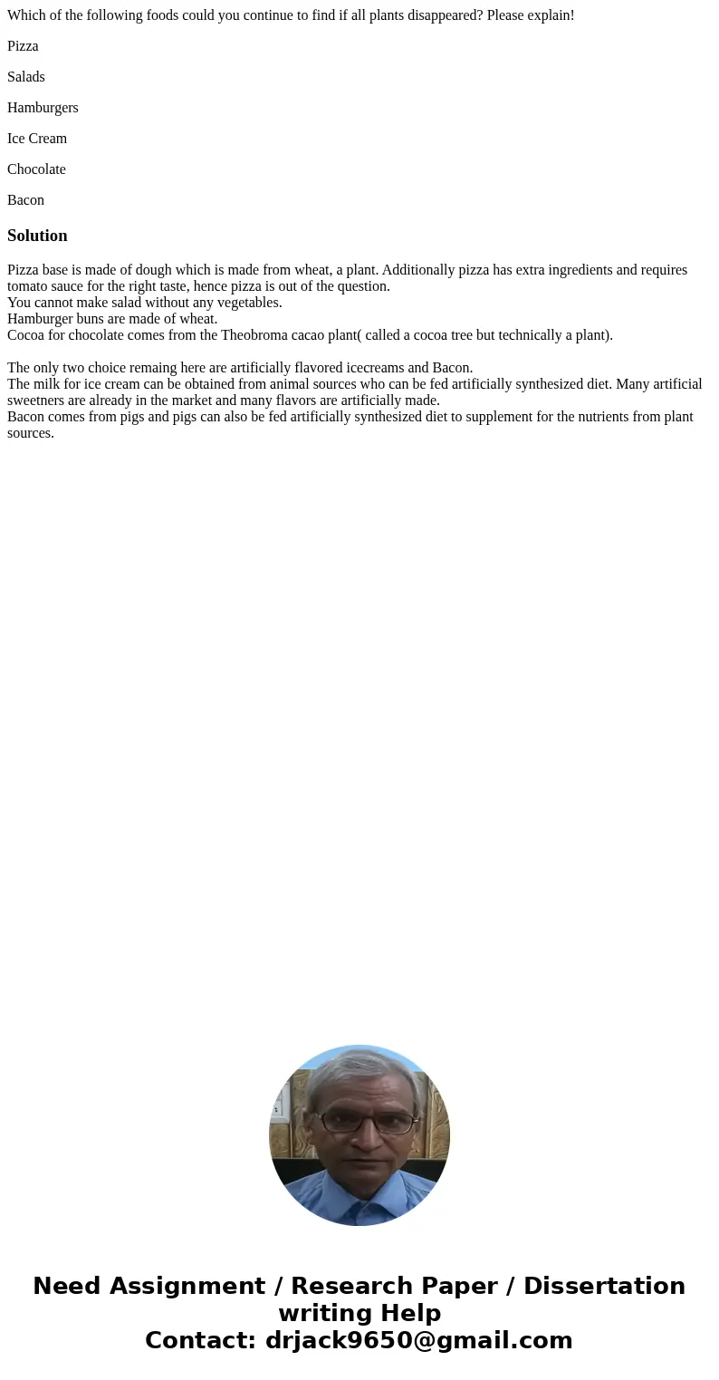 Which of the following foods could you continue to find if all plants disappeared? Please explain! Pizza Salads Hamburgers Ice Cream Chocolate BaconSolutionPizz Which of the following foods could you continue to find if all plants disappeared? Please explain! Pizza Salads Hamburgers Ice Cream Chocolate BaconSolutionPizz